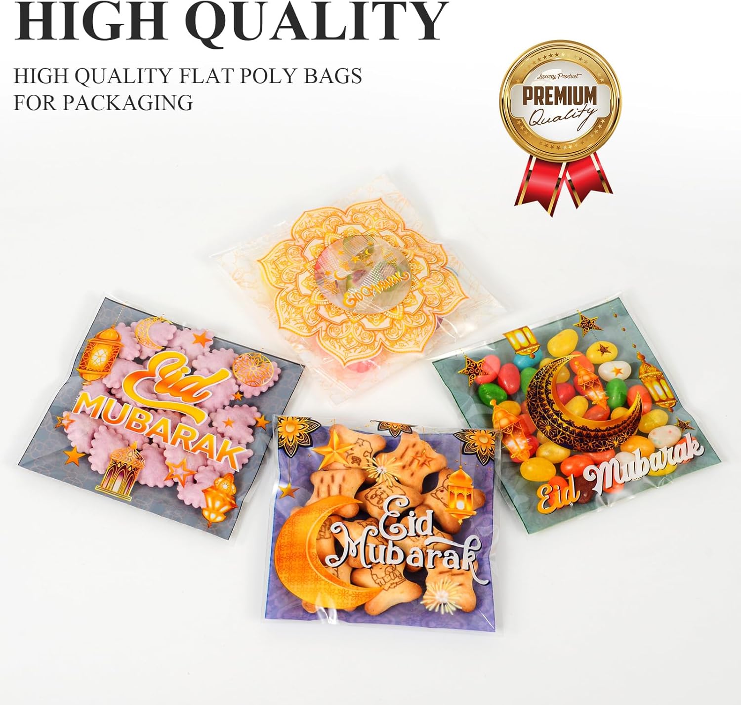 Artby7 100 Pcs Small Eid Mubarak cookie Bags, 4'' X 4'' Eid Cellophane Treat Bags Ramadan Kareem Bags Eid Moon Goodie Candy Bags Gift Bags for Eid Mubarak Party Supplies - Image 6