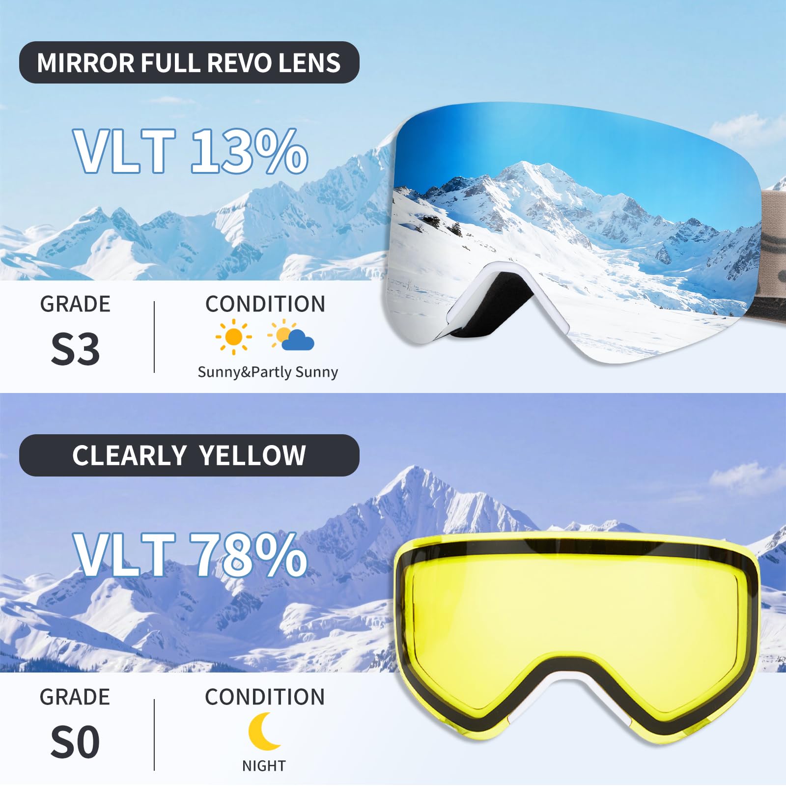 VCOROS Masque de Ski YH879B avec Magnétique Lentille pour Unisexes | Interchangeable Lunettes de Ski OTG Ajustables Anti Buée Coupe-Vent Anti-UV Lunettes de Snowboard pour Ski
