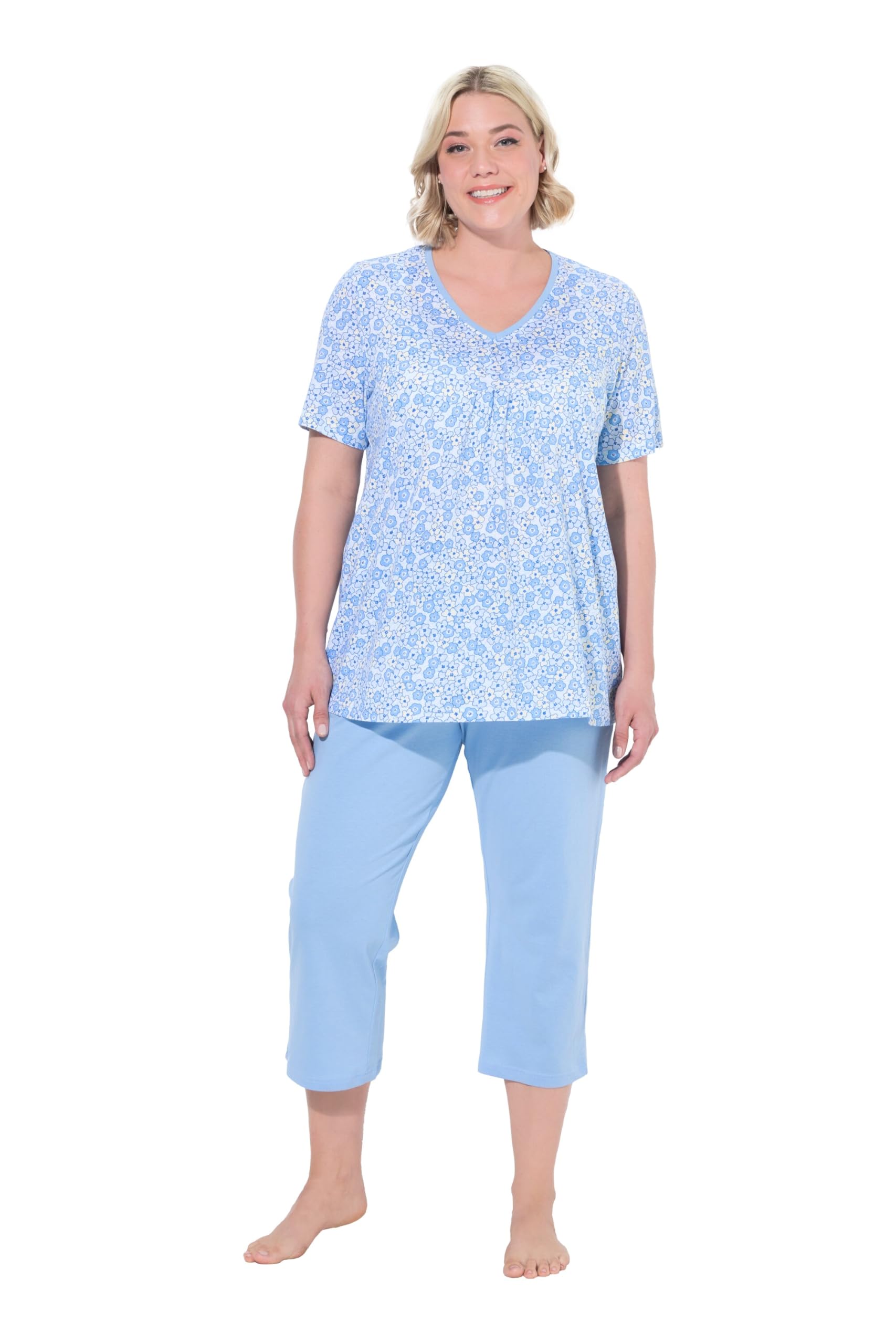 Ulla Popken Damen große Größen Übergrößen Plus Size Pyjama, Blumen, V-Ausschnitt, Halbarm, Taschen 839605