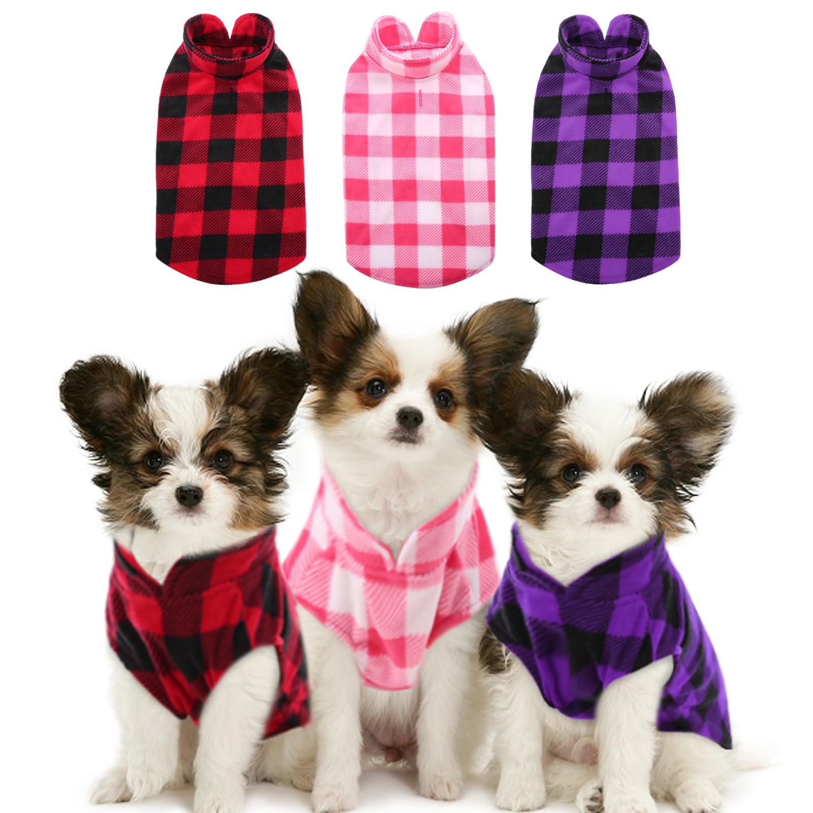 Kama Bridal 3 Pack Dog Coat - Spring, Autumn, Winter - Fleece Vest for Cats & Small/Medium Dogs - Red, Pink, Purple Plaid (L)