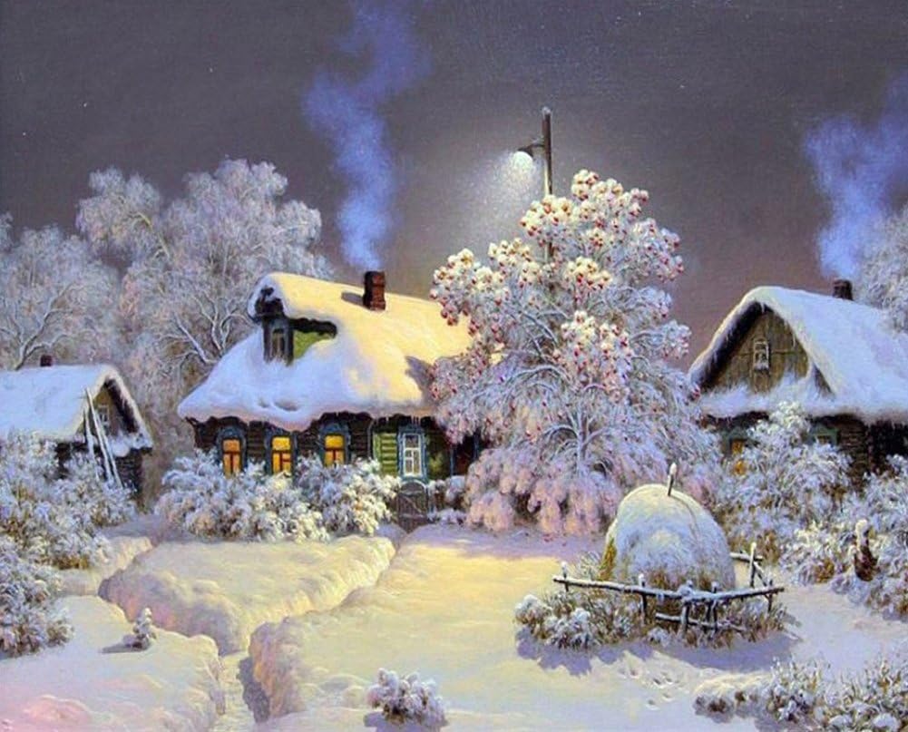 FuCaiLai Snow House and Trees Home Decor Oil Painting Frameless Diy Oil Painting Paint by Numbers Kit on Canvas for Adults and Kids - Snow Scenery
