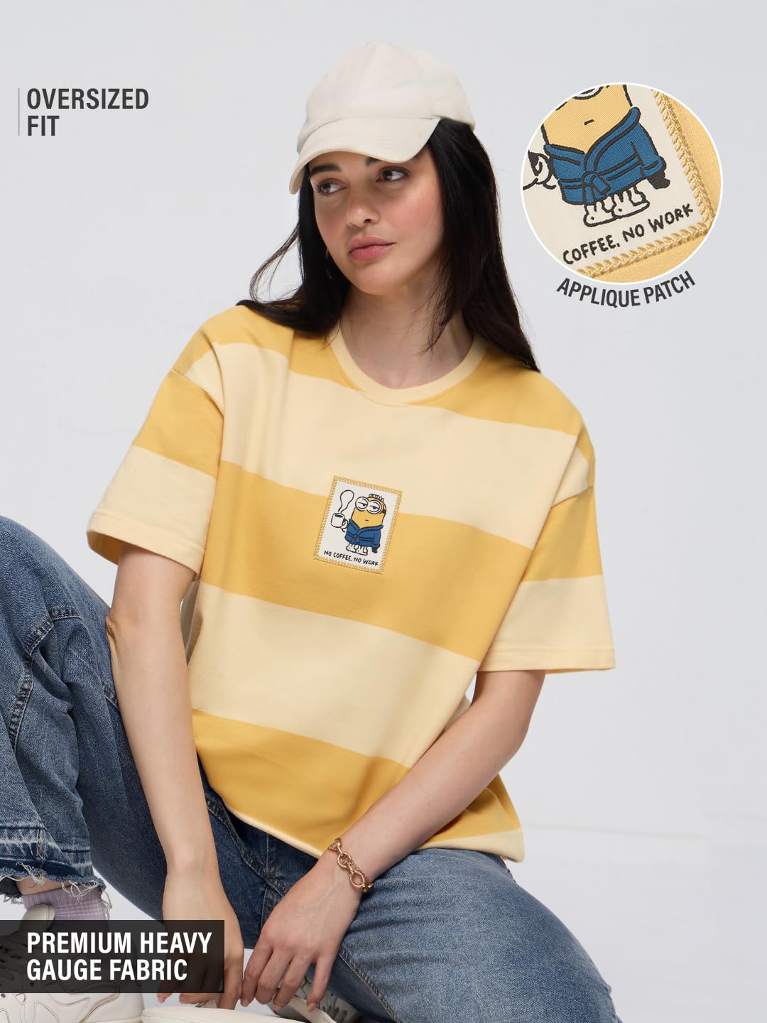 The Souled Store Minions No Coffee T-shirt pour femme et fille, col rond, rayures jaunes et appliques, coton, léger, épaules dénudées, streetwear, décontracté, grand