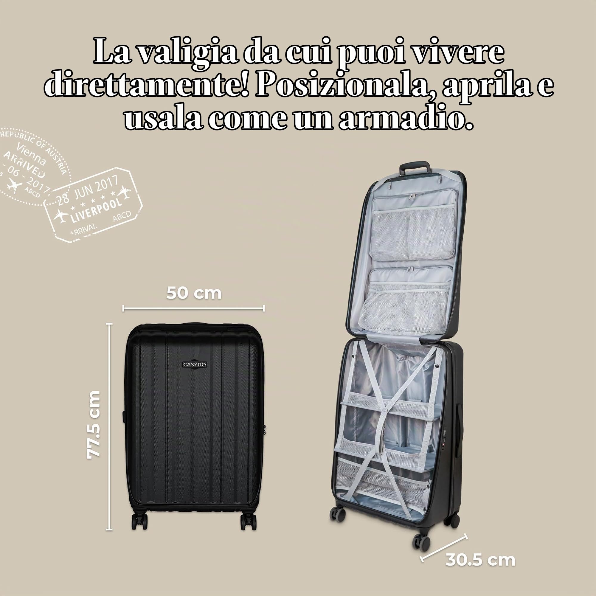 Valigia da aprire, stand-up, valigetta rigida, trolley da viaggio, utilizzabile come armadio, valigetta con 4 ruote, 120 l, L, nero/grigio, Trolley rigido con ruote girevoli