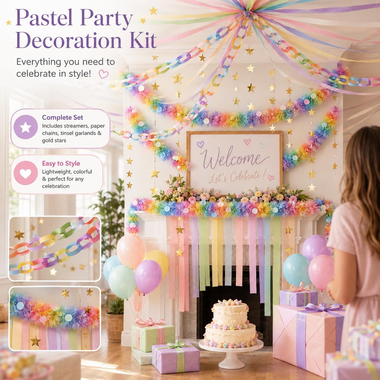 Colorful Paper Chain Garland Decor Kit,300 Sheets Paper Chain Strips,26ft Glitter Tinsel Spring Garland & 52ft Gold Star Garlands, with 492ft Paper Streamers for Birthday Wedding Theme Party image 5