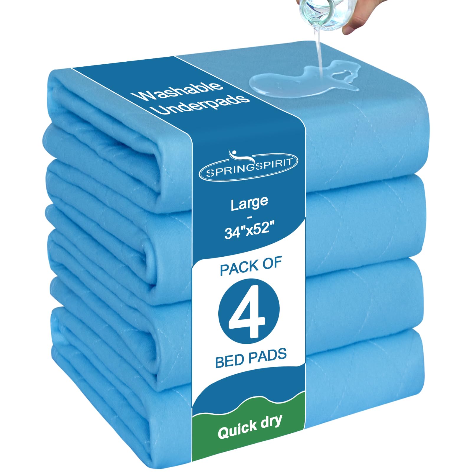 Bed Pads Washable Waterproof(4 Pack, 34 x 52), Washable and Reusable Anti Slip Chuck Pads Incontinence Underpad Sheet Protector for Adults, Elderly, Kids, Toddler and Pets, Blue