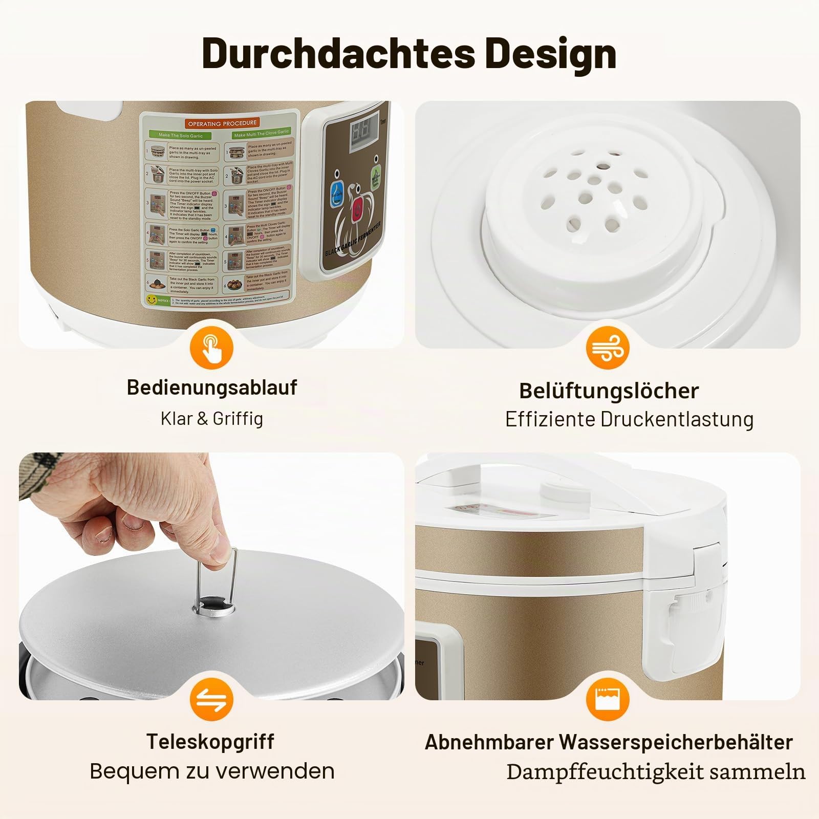 Schwarzer Knoblauch-Fermenter, 5 l, automatische Knoblauchpresse, intelligente Steuerung, Knoblauchfermentiermaschine, zweischichtiger Isolierdeckel, praktischer Griff und Knopf, Zeit- und