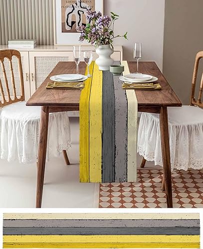 Miniatura 48 de Camino de mesa de algodón y lino estilo granja rústico retro, textura de madera de granero, color degradado marrón y gris, antideslizante,