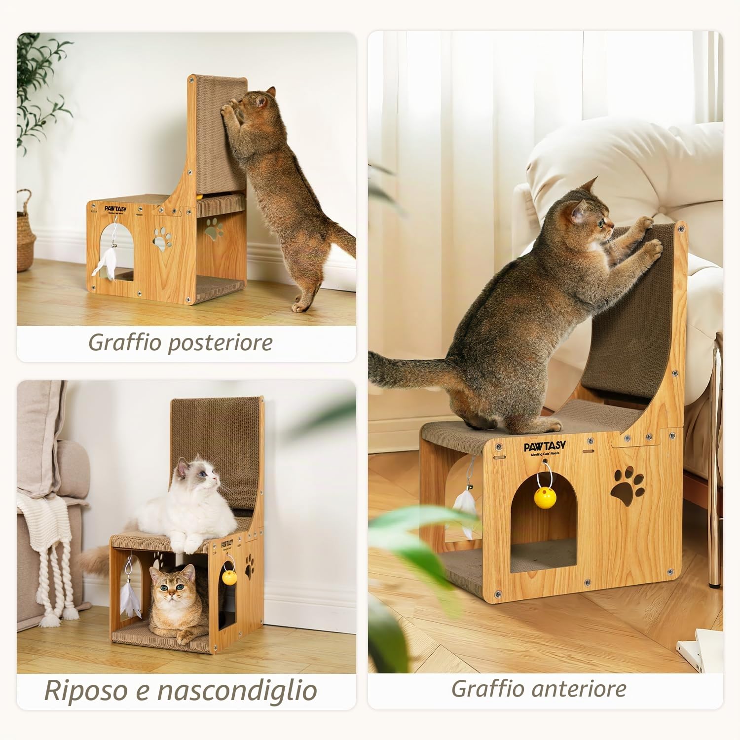 Pawtasy Tiragraffi gatti in cartone 2 in 1 per gatti da parete e angolo, grattacieli gatti con palla giocattolo