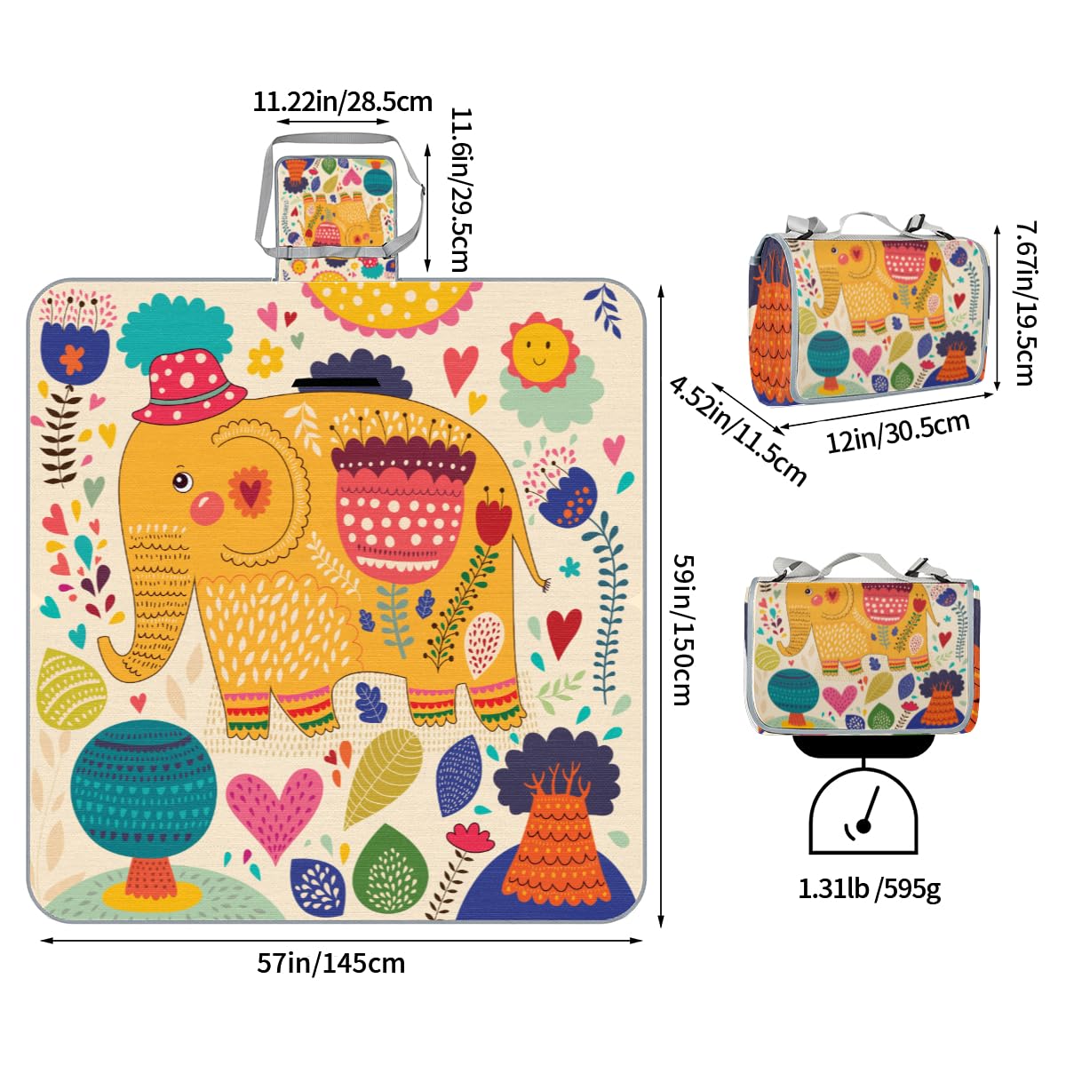 Shimoshe Picnic Blankets 57”x 59”, Colorful Pattern Elephant Waterproof Sandproof Picnic Mat Lightweight Foldable Beach Blanket for Camping Park Grass Beach Outdoor Blanket