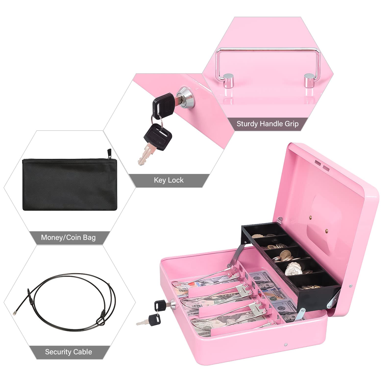 KYODOLED Cash Box with Money Tray, Money Key Lock Safe with Security Cable and Waterproof Bag, 11.81L9.45W3.54H inch, Pink X Large