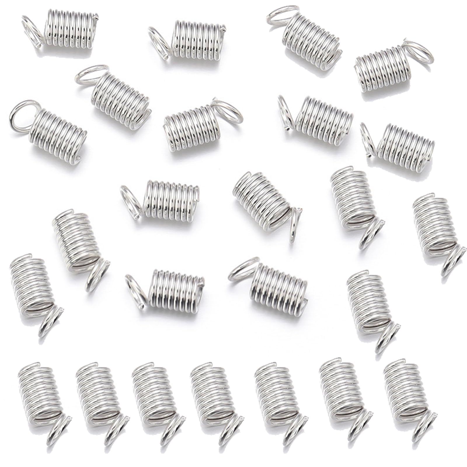 100Pcs Cord Ends Caps Metal Spring Coil Ends Fasteners Necklace Spring Fastener Mini Tube Cord Cap Tip for DIY Necklaces Bracelets Craft Making, 10 * 4.5mm, Hole 3mm, Silver