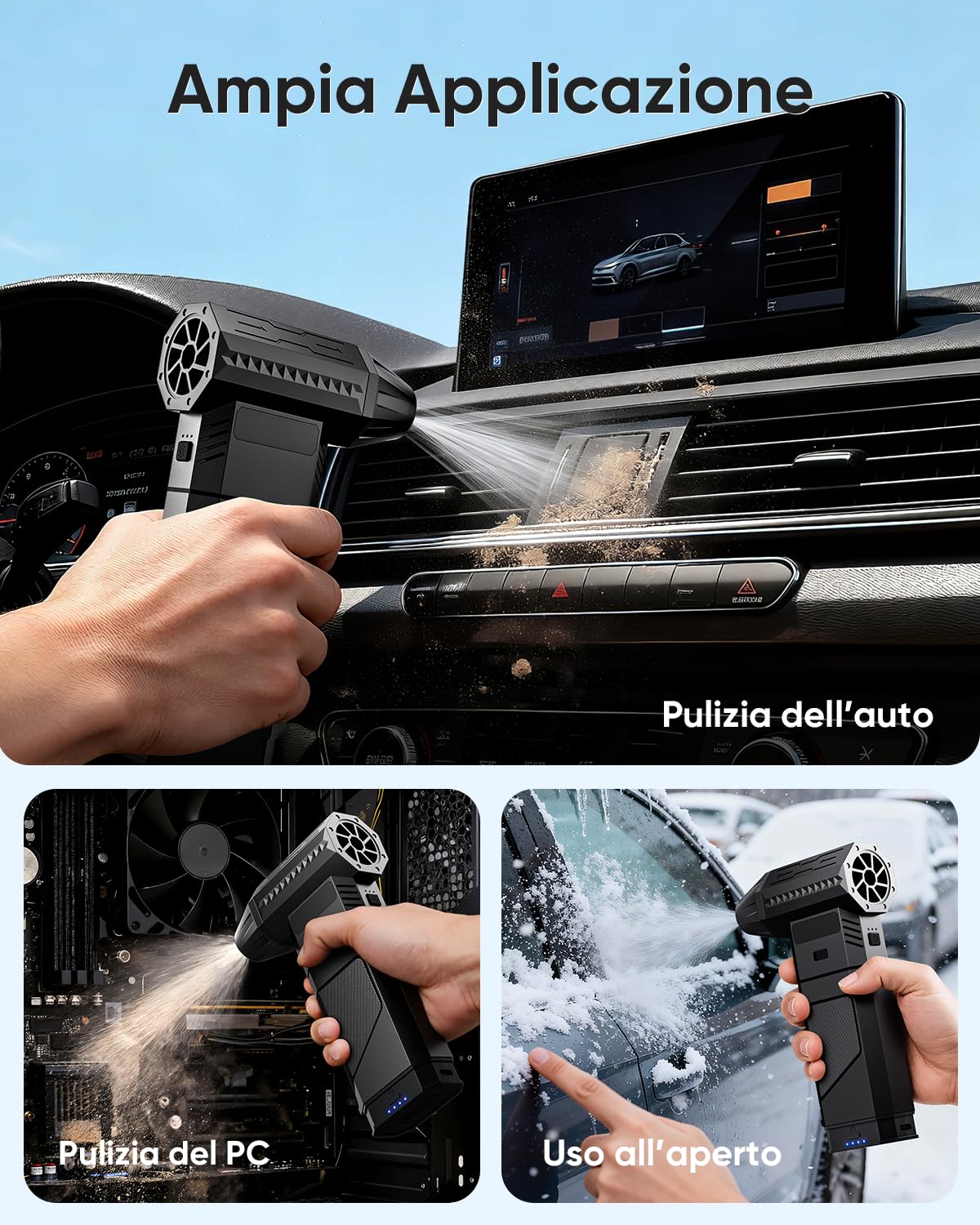Soffiatore Aria Compressa con 2 Batterie Intercambiabili, 223MPH, 3 Velocità, 2 Ugelli Magnetici, LED – Soffiatore a Batteria Ricaricabile per Tastiera, PC, Auto ed Elettronica