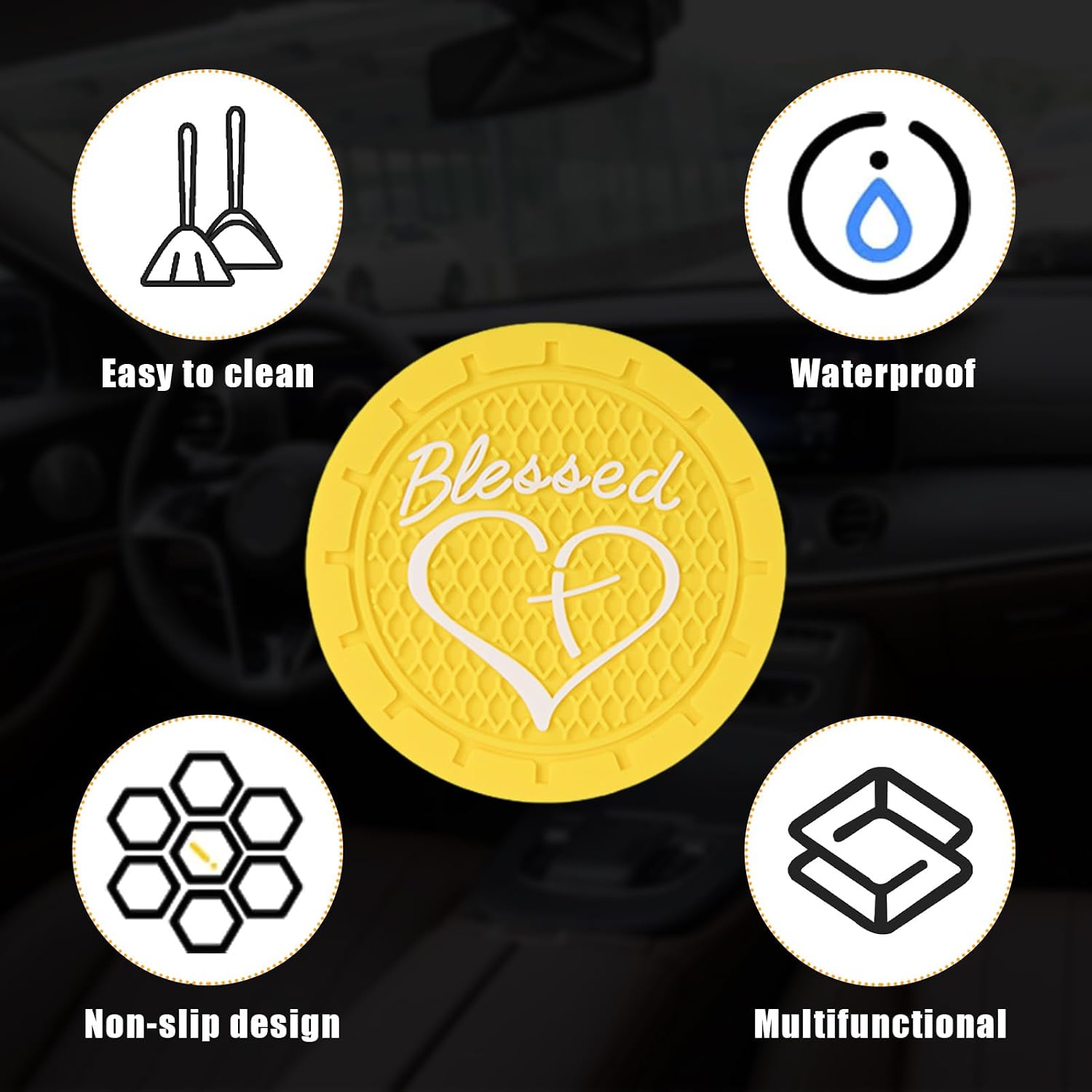 Dickno 2PCS Car Cup Holder Coaster, 2.76 Inch Blessed Cross and Heart Christian Drink Mat, Soft PVC Non-Slip Shockproof Insert Cup Coaster for Women Girls, Interior Car Accessories (Yellow) image 4