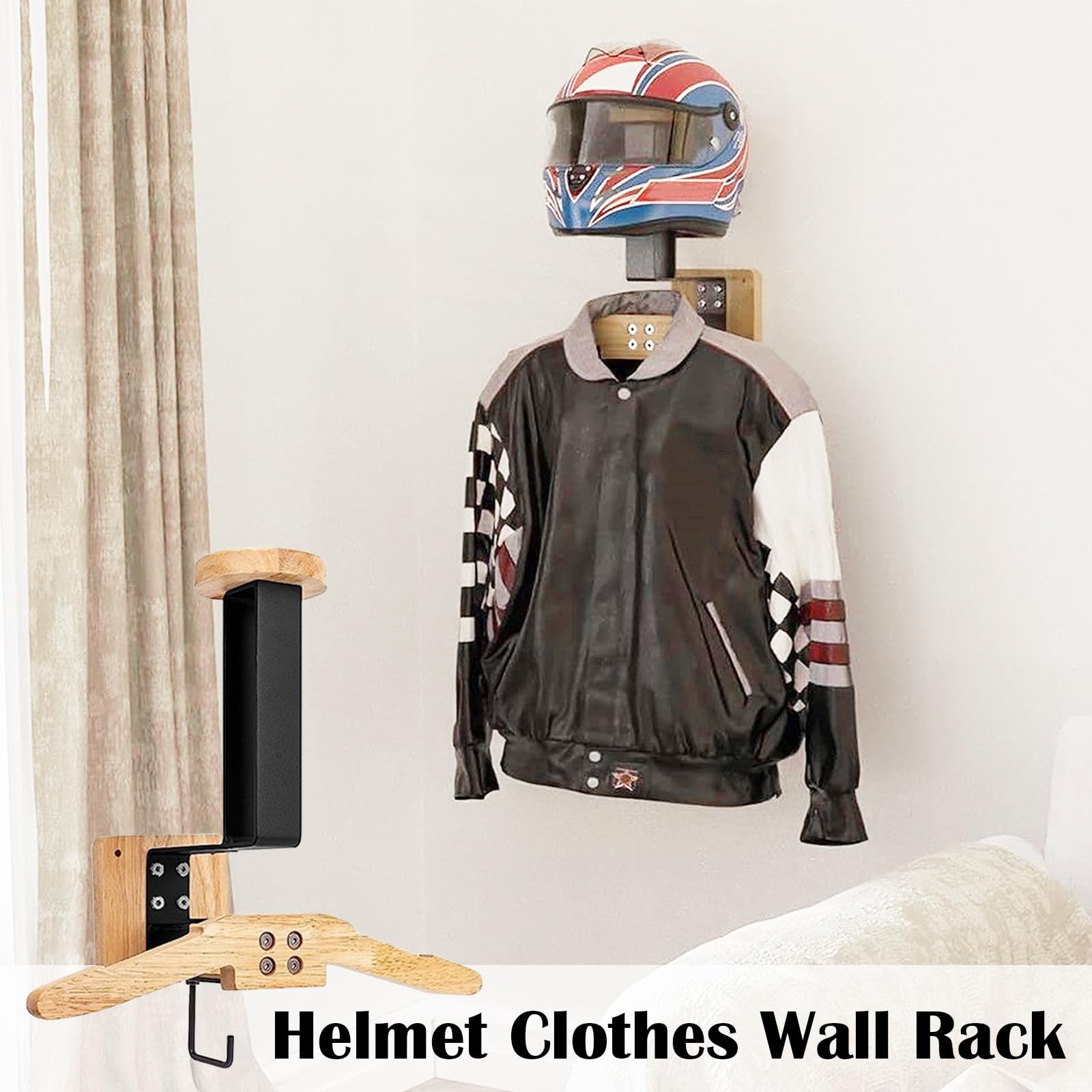 Support Casque Moto, Porte Casque Moto Mural pour Accrocher Le Casque et la Veste de Moto au Mur Porte Manteau Moto Porte-Casque Mural en Bois Organisateur Mural Polyvalent pour Moto