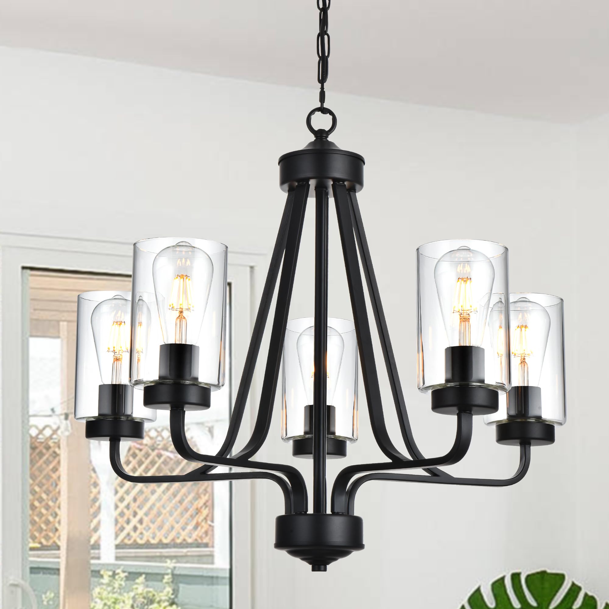 TODOLUZ5-Lights Modern Chandelier with Clear Glass Shades, Black Farmhouse Pendant Lighting for Dining Room Kitchen Island Ceiling Light Fixture Haning Over Table