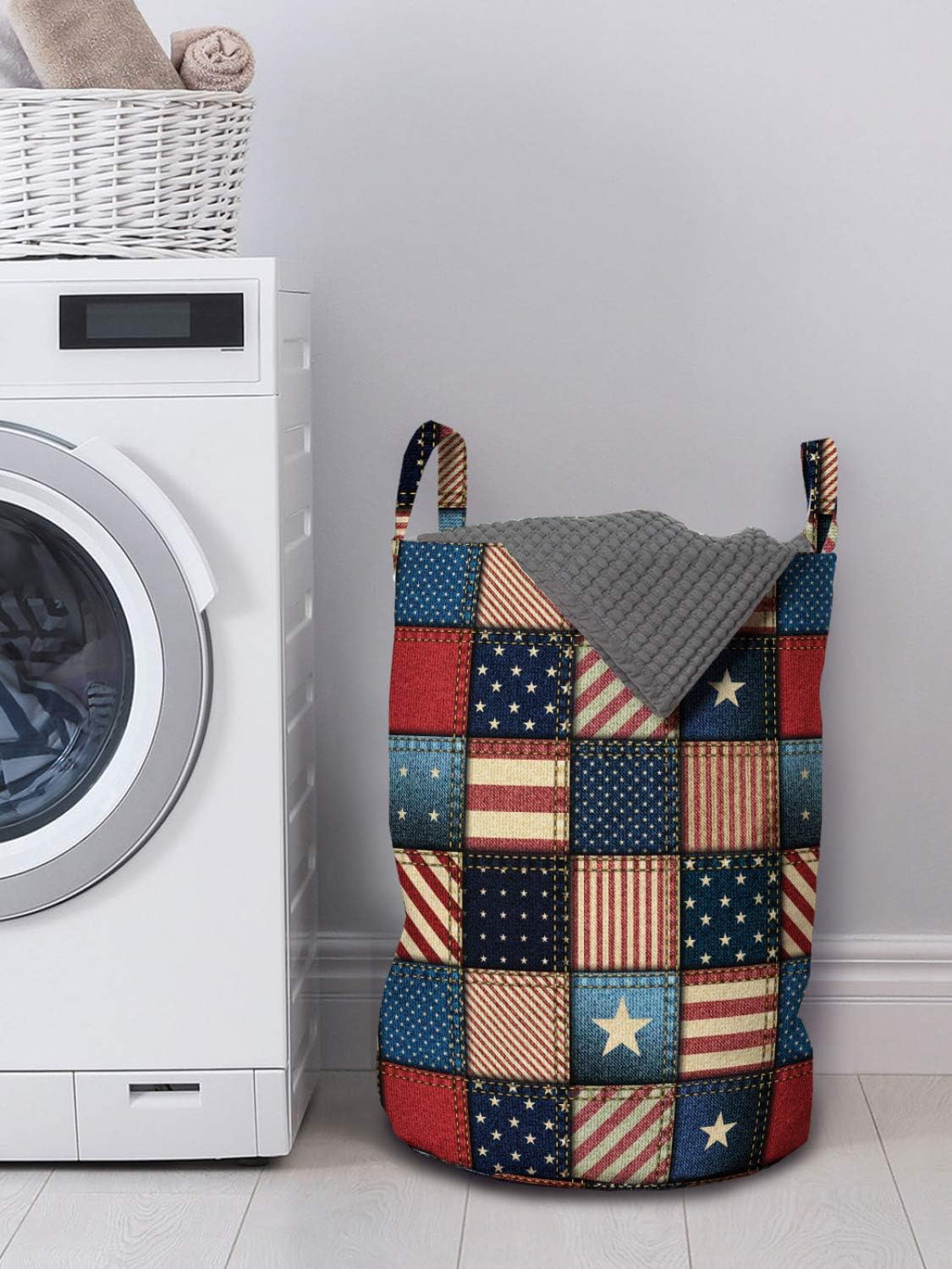 Lunarable United States Laundry Bag, American Flag Patchwork Vertical and Horizontal Stripe Star Forms, Hamper Basket with Handles Drawstring Closure for Laundromats, 13" x 19", Red Blue