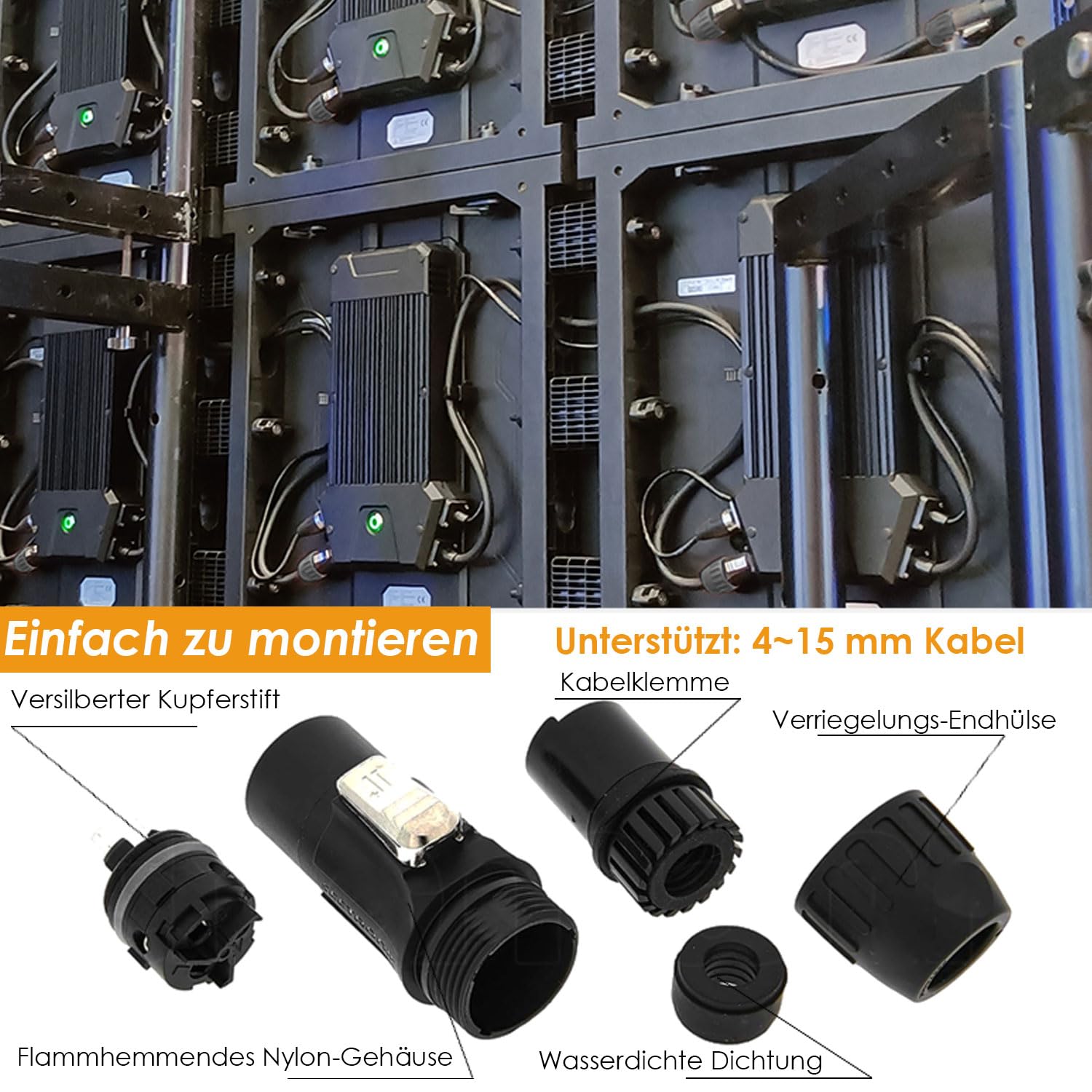 PowerCON Einbaubuchse IP65, Wasserdichter Locking PowerCON Anschluss 20A 250V, 3-Pin AC Panel Mount Steckverbinder für Bühnenbeleuchtung, LED Displays & PA-Systeme, 4 Stück