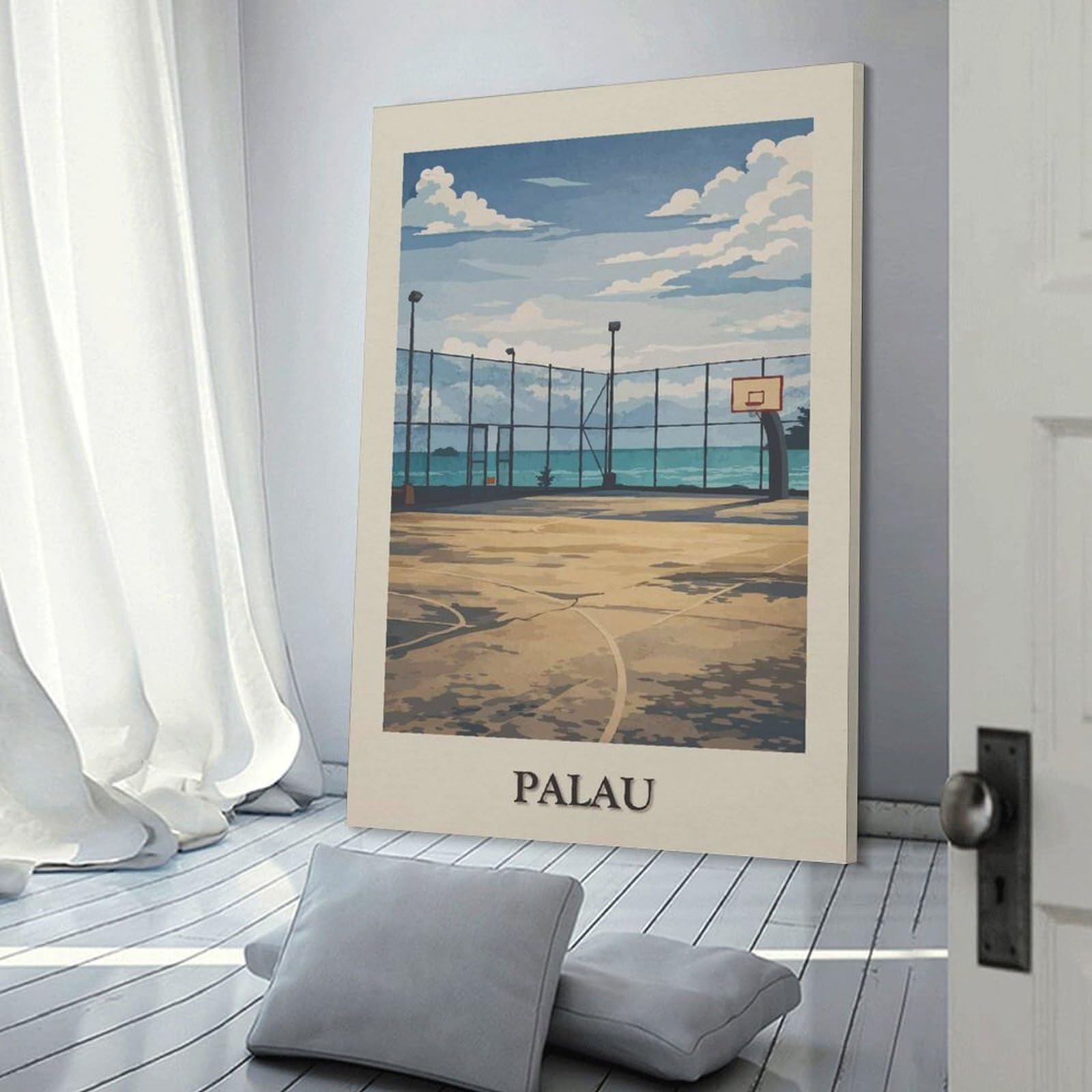 Junmoney Wall Decor Canvas Print Palau Basketball Court by The Sea, 24x36inch(60x90cm), for Bedroom Walls, Guest Spaces Or Lounges, Decorative Wall Art for Cosy Rooms