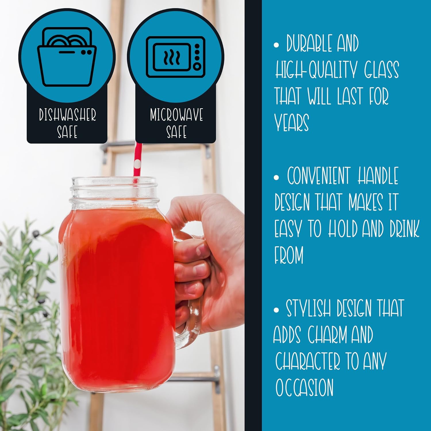 Darware Mason Jar Mugs with Handles (24oz, Clear, 4-Pack); Glass Drinking Glasses for Cold Beverages, Decoration, Storage, Party Favors, Cocktails, Floats - Image 7