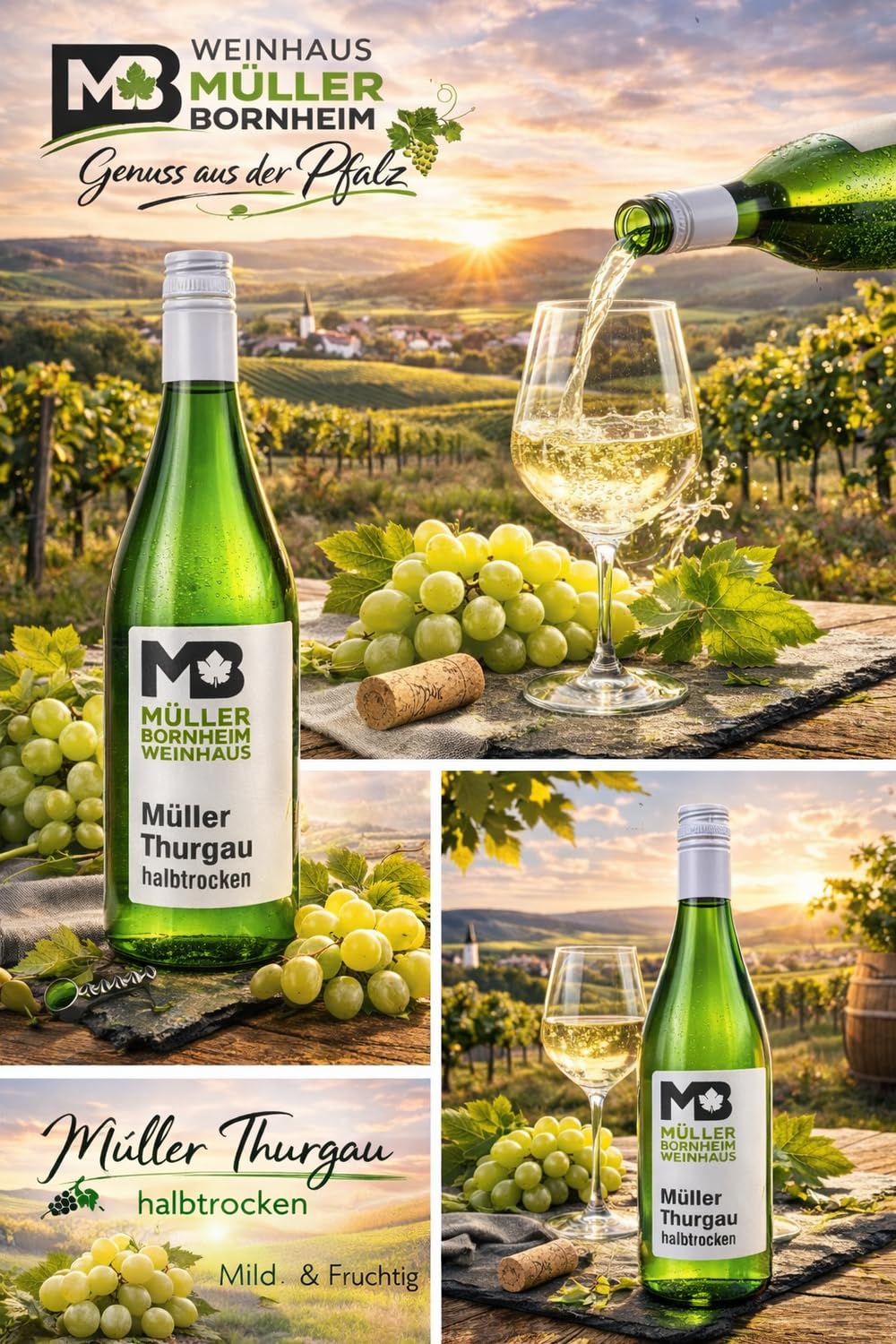 Weinhaus Müller Bornheim Müller-Thurgau Halbtrocken - 12x1L Weißwein Pfalz | Deutscher Qualitätswein direkt vom Winzer - ideal für Weinschorle oder Grillabende - fruchtig mit dezenter Restsüße