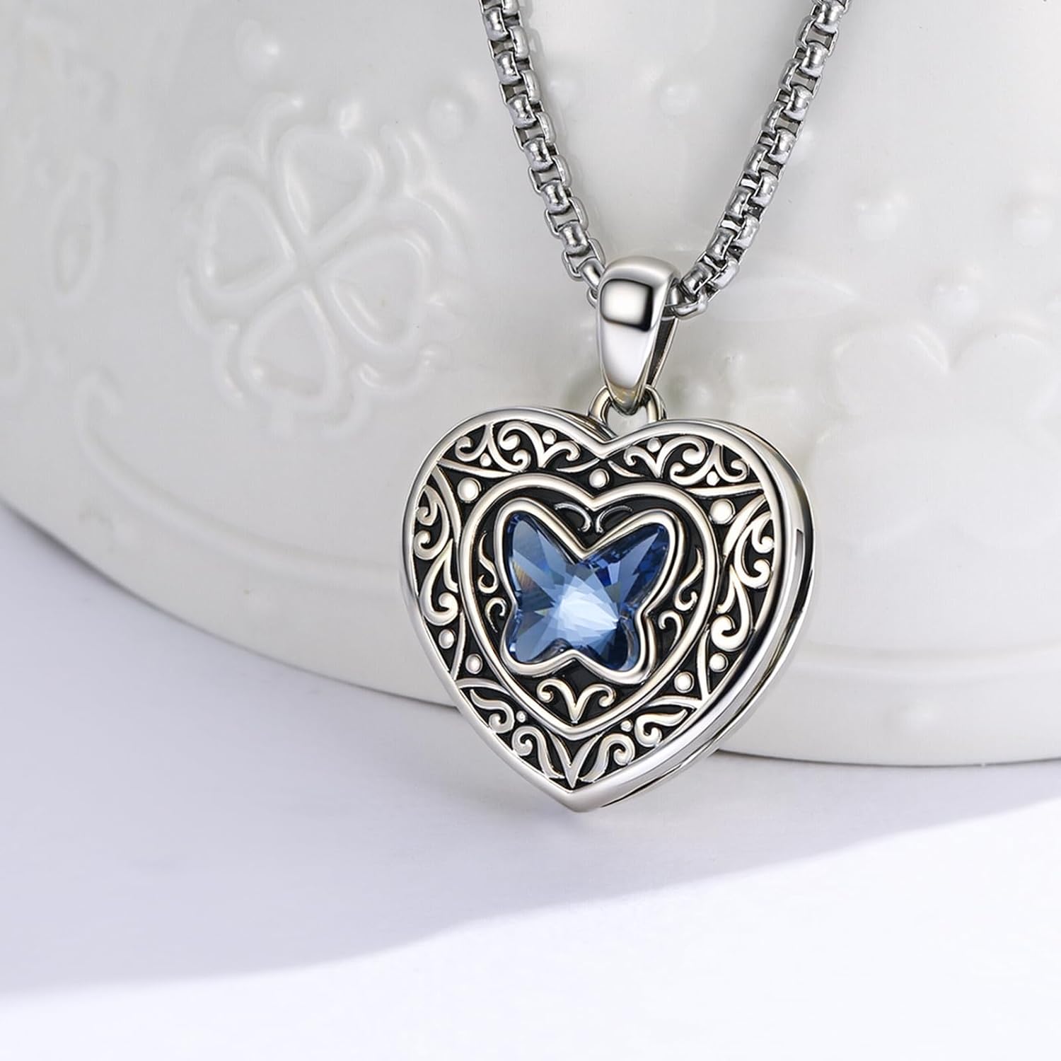 Vine Heart Shaped Locket Necklace 925 Sterling Silver Photo Locket Necklace That Holds 2 Pictures Vintage Oxidized Moonstone Filigree Pendant Jewelry Memory Gifts for Women Men - Image 6