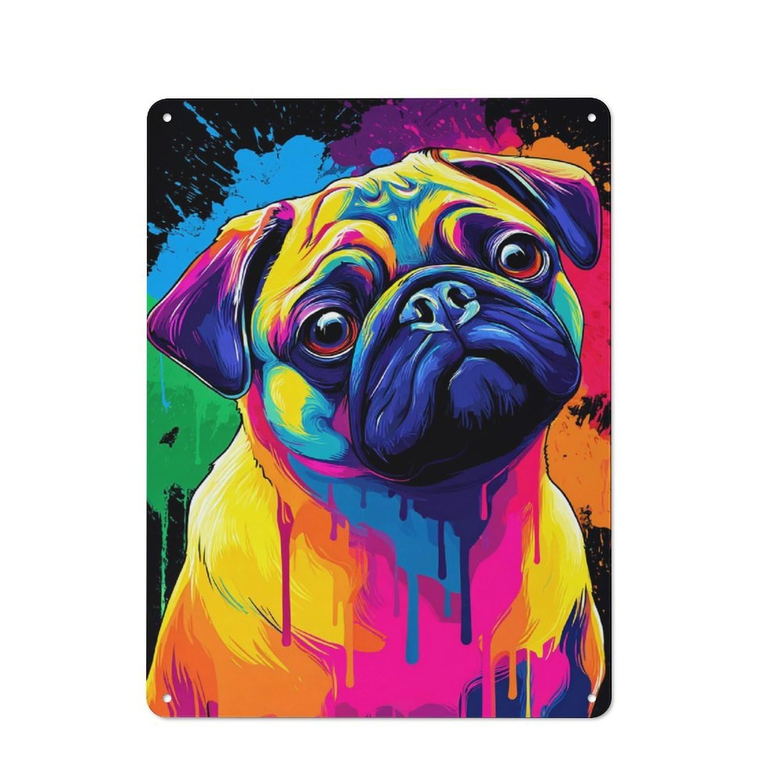 Junmoney Colorful Pug Portrait Retro Tin Sign 40X30cm For Living Room Or Hallway, Gift For Living Room Decor Lovers During The Christmas Season