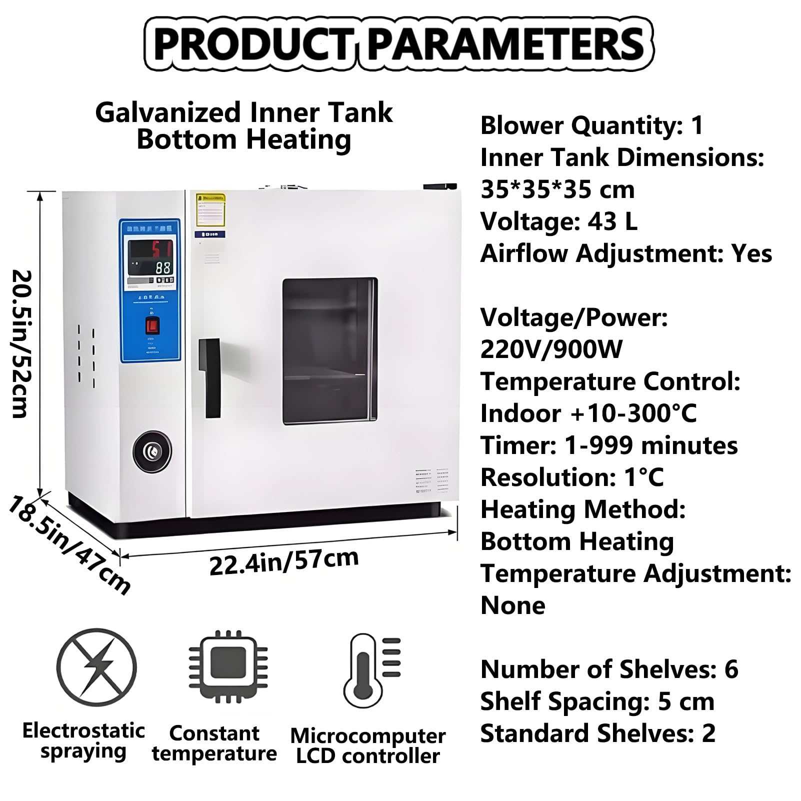 Horno de Secado al Vacío, Horno de Secado por Chorro de Aire a Temperatura Constante, Estufa de Secado Laboratorio, con Control Inteligente, Velocidad de Ventilador Ajustable 43L
