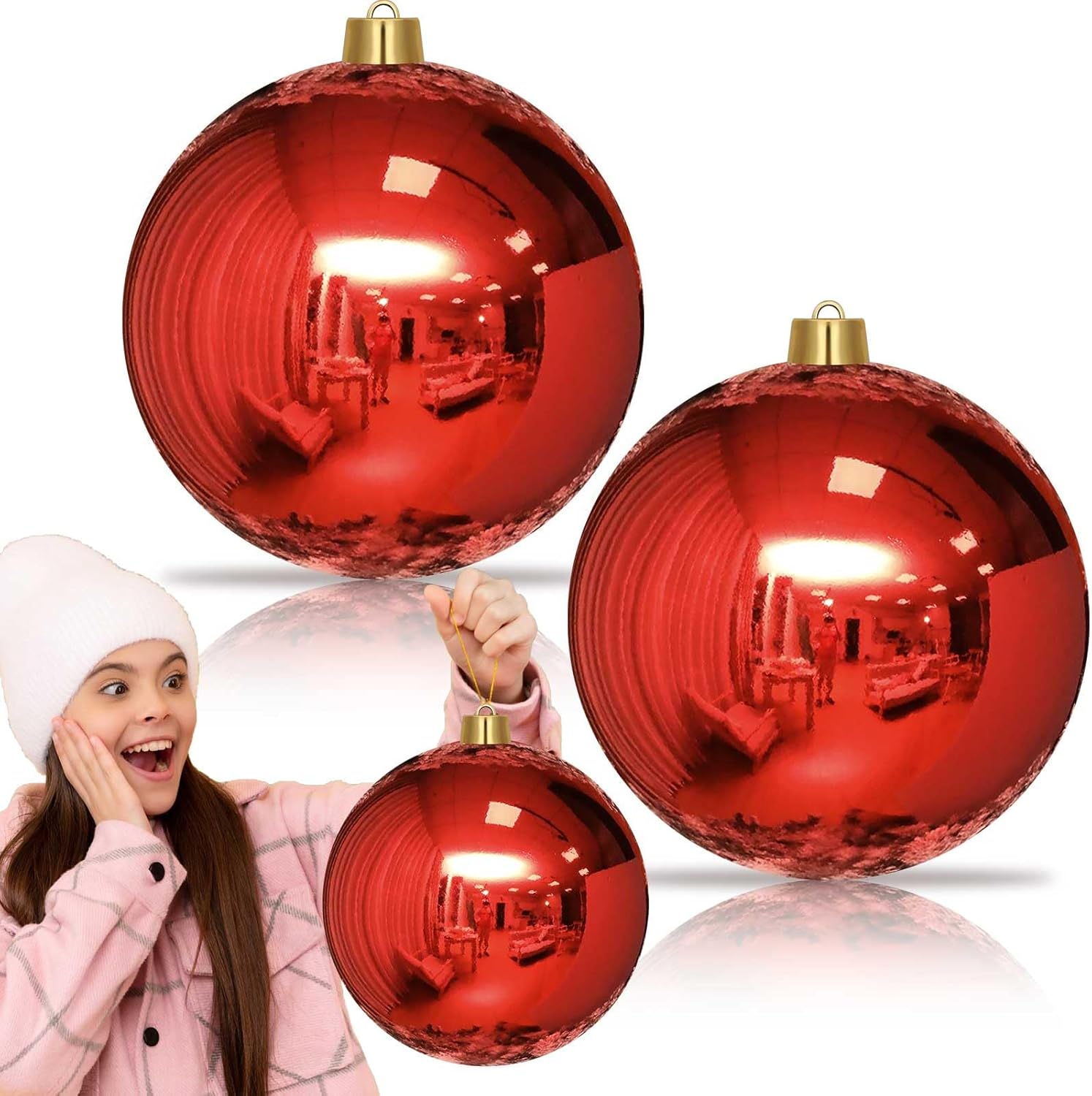 Jerify 2 Pcs 12" Large Christmas Ball Ornaments Giant Shiny Plastic Christmas Ball Outdoor Shatterproof Water Resistant Ball Decorations for Holiday Party Xmas Tree(Red)