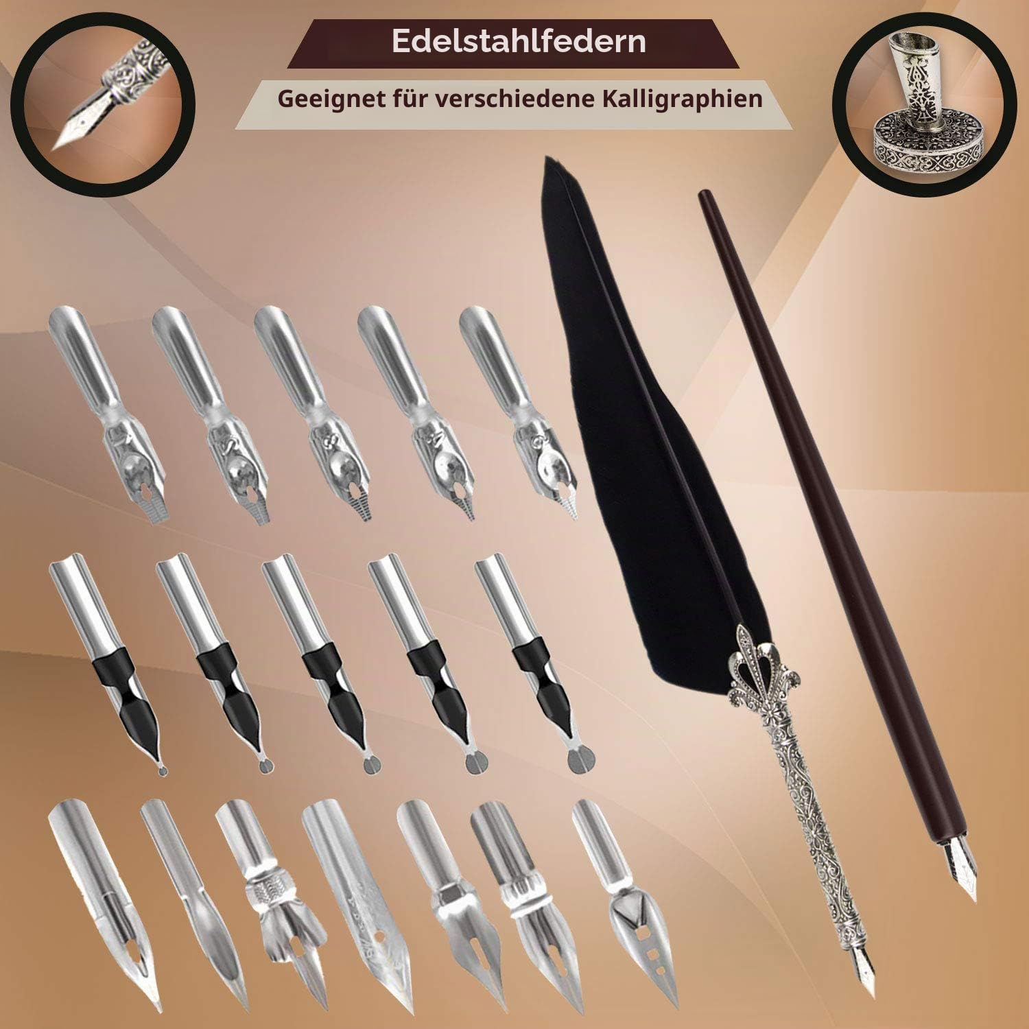 Kalligraphie Set für Anfänger Holz Dip Pen Federkiel 19 Federn Tinte Set Geschenkbox