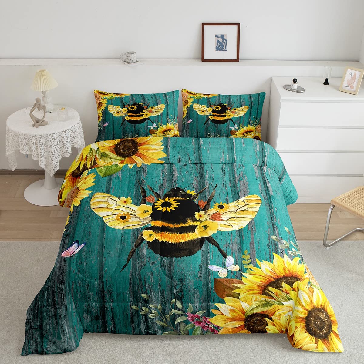 Feelyou Sunflower Comforter Bee Floral Print Comforter Set for Kids Boys Girls Yellow Flowers Bedding Set Toddler Size Wooden Texture Inner Fill Duvet Set 1 Comforter Set with 1 Pillowcase