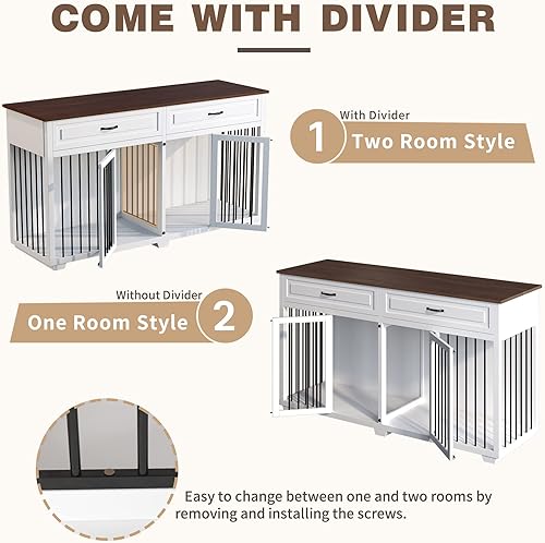 Miniatura 6 de Lovinouse Muebles grandes de jaula doble para perros, perrera de madera de 72.4 pulgadas con 2 cajones y divisores, muebles de jaula XXL resistentes