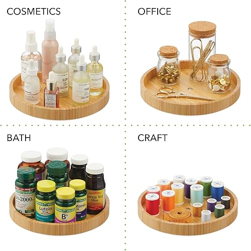 Miniatura 7 de mDesign Bamboo Lazy Susan - Recipiente de almacenamiento de alimentos para gabinetes, despensa, refrigerador, encimeras, organizador giratorio para