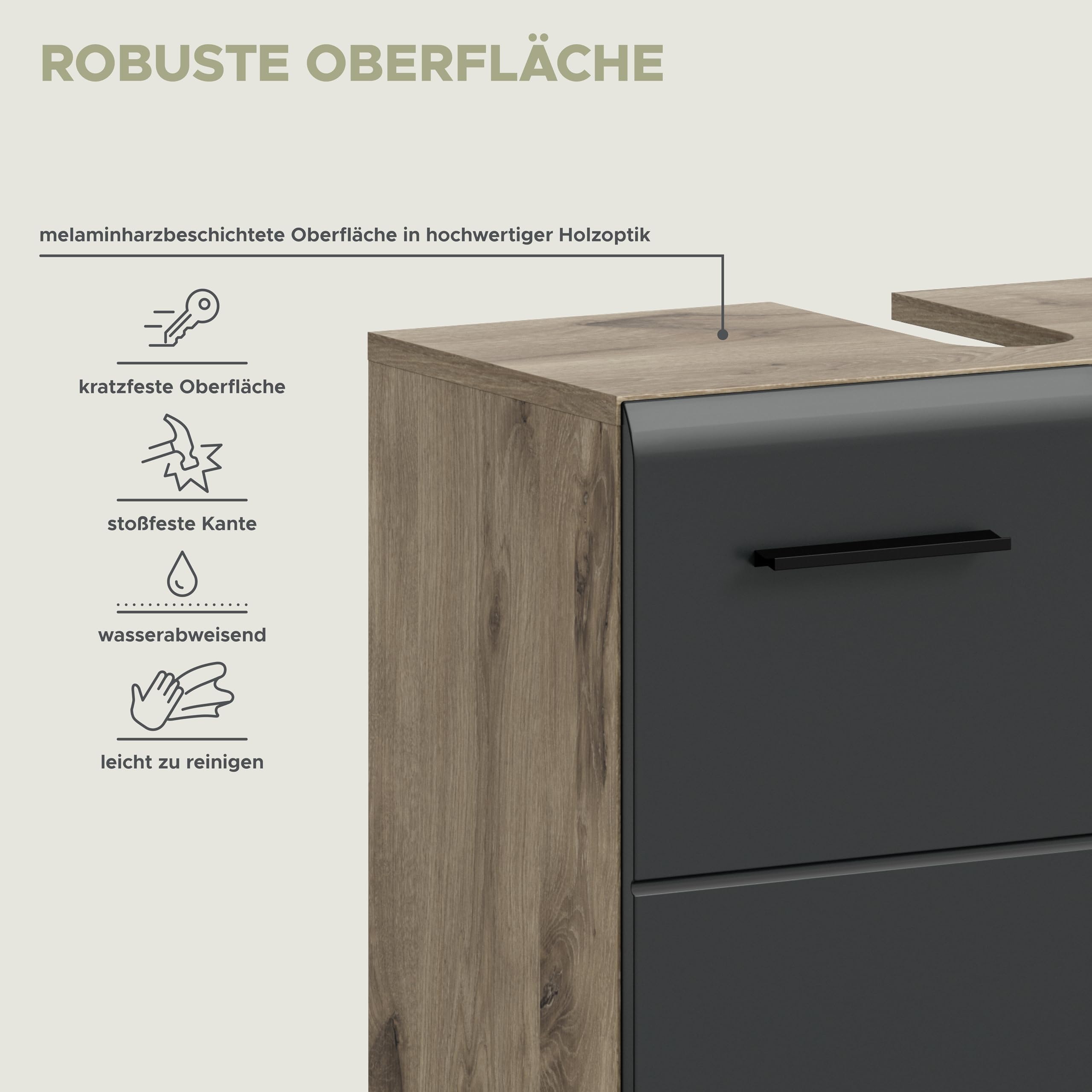 xonox.home – 3 TLG. Kompakte Badkombination Ice 165x185x30 cm in Korpus Nox Oak Nachbildung und Front schwarz matt – Stilvolles Möbel-Set für Moderne Badezimmer – pflegeleicht & funktional