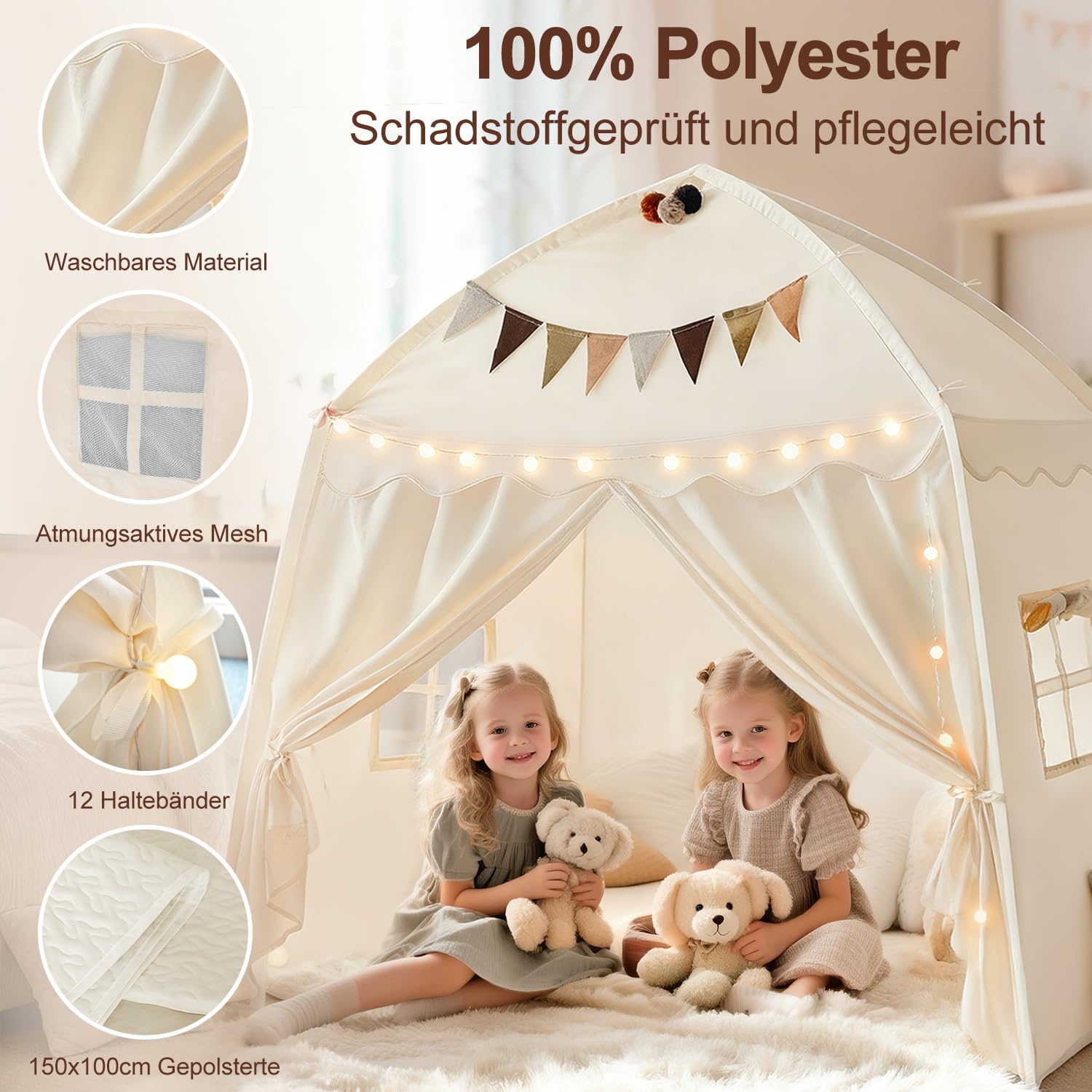 Kinderzelt Spielzelt Indoor Kinderzimmer Spielhaus: 150x100x150 cm Großes Spielhaus mit Matte – Lichtkette & 2 Deko-Sets – Schafft Festliche Stimmung zu Weihnachten (Beige)