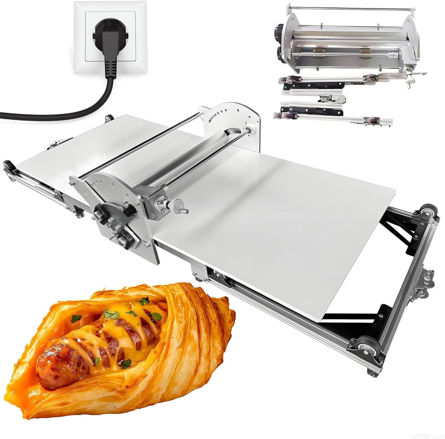 – 40" Commercial & Home Electric Dough Sheeter, Foldable Dough Roller Machine, Food-Grade Stainless Steel, Adjustable Thickness for Croissants, Puff Pastry, Pasta Sheets, Tortillas, Roti
