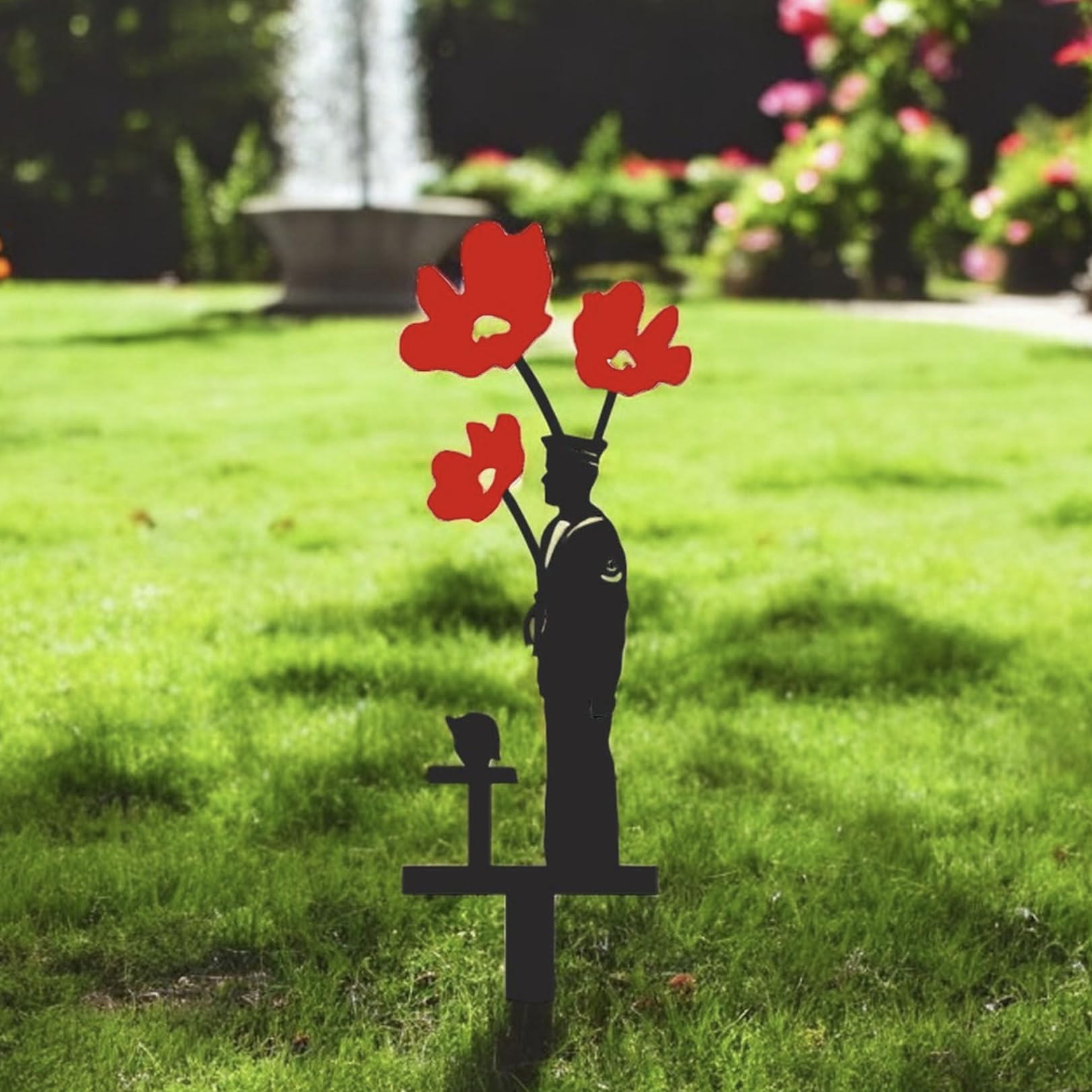 GD Steelworks Royal Navy Sailor & Battlefield Cross Memorial Garden Spike with Poppies (33cm)