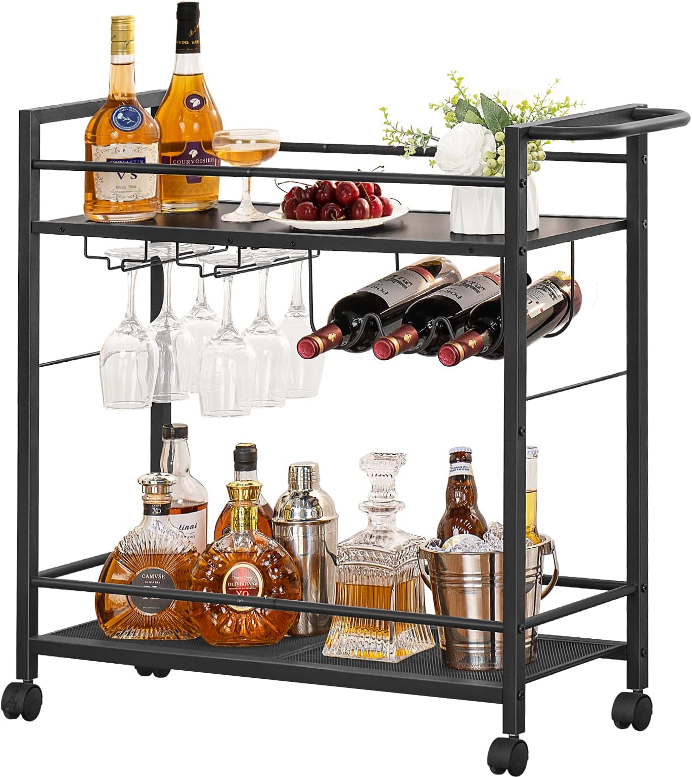 JoaxsweBar Cart,Home Bar Serving Cart with Large Storage Space, 2 Tier Rolling Beverage Cart with Wheels, Modern Wine Cart with Wine Rack and Glass Holder for Kitchen, Living Room,Dinning Room,Black