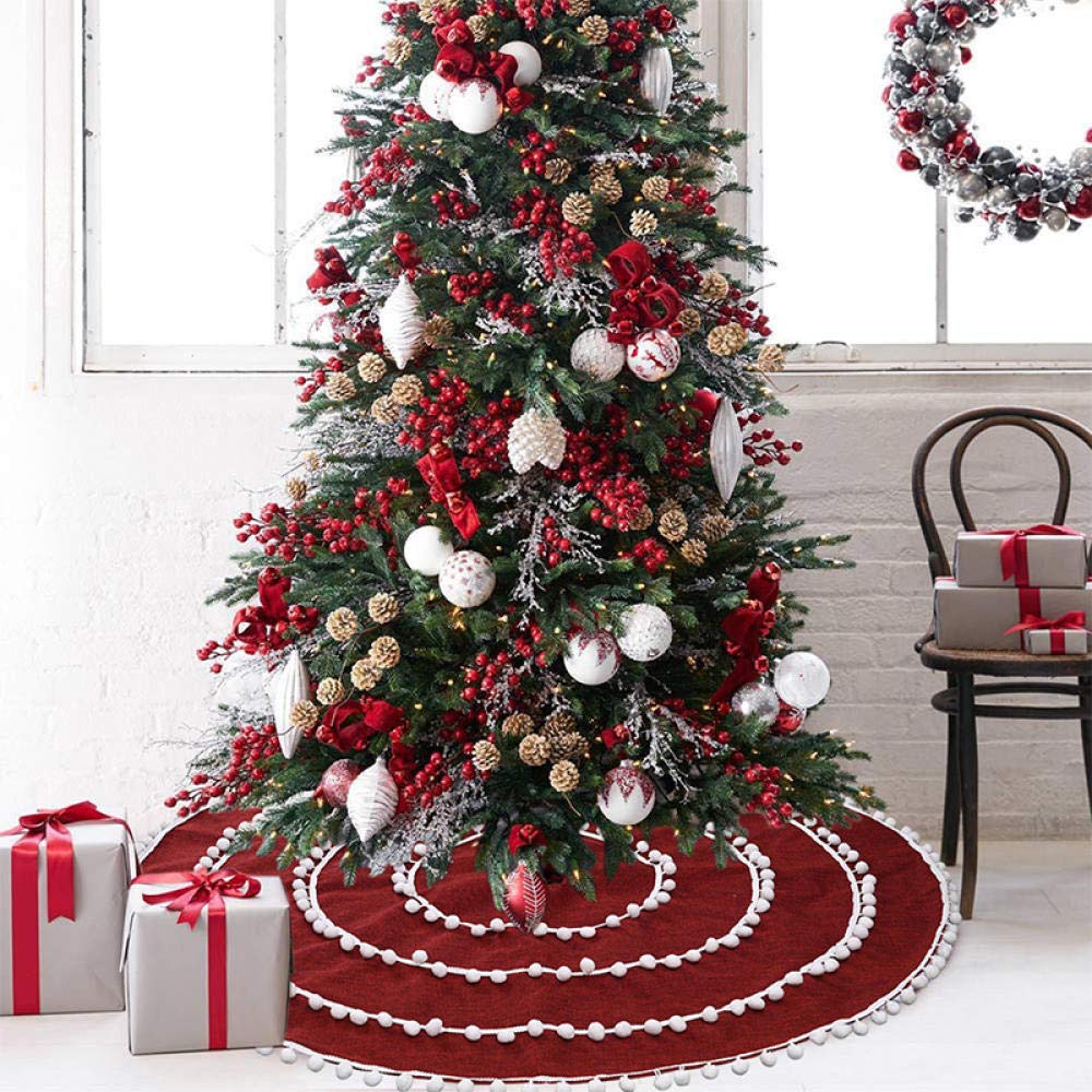 Tappeto per Albero di Natale Palla Rossa Bianca Albero di Natale Abito Inferiore Gonna Albero di Lino Decorazioni per La Casa Abito Inferiore per Albero di Natale