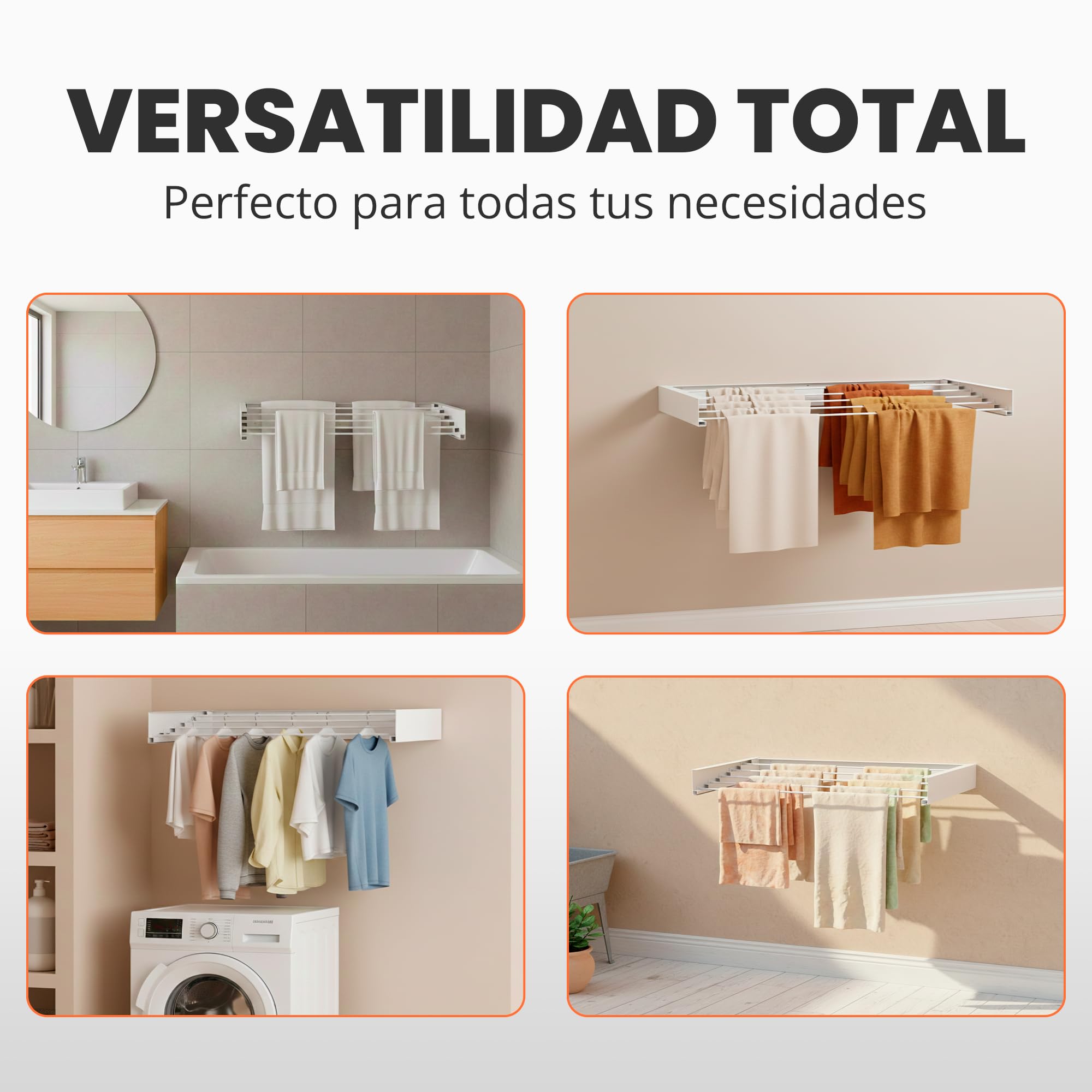 JUPPLIES Tendedero Extensible Pared Plegable - Tendedero Retráctil Invisible con 5 Barras de Aluminio para Interior o Exterior - Ahorra Espacio con Diseño Compacto (Blanco, 100)