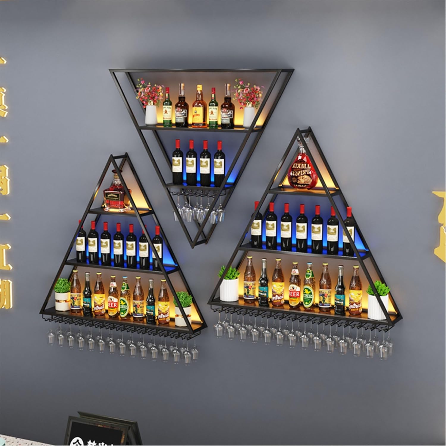 Wall Wine Rack Wall Mounted with LED Light Floating Bar Shelves Liquor Shelf Racks with LED Light for Wine Bottles with Hanging Wine Glass Holder Rack Bar Cabinet Mini Bar for Home Bar Living Room