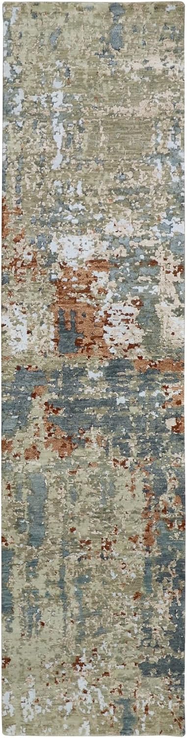 Hand Knotted Abstract Galaxy Design Runner Rug, Marengo Gray and Beige, 100% Wool, 2'5" x 10'