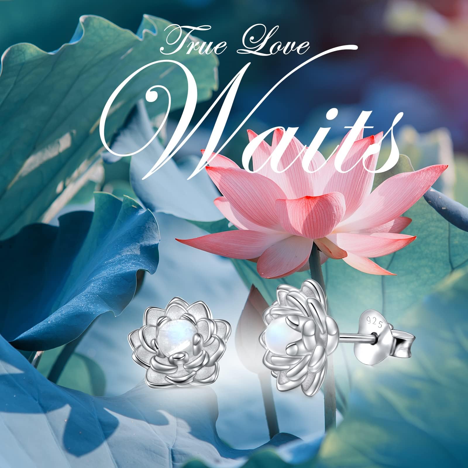 Flyow Moonstone Lotus - Juego de joyas de plata de ley 925 con piedra lunar, collar y aretes de tuerca de flor de loto curativa natural, Buda espiritual, yoga, regalo para mujer, 9 millimeters, Plata