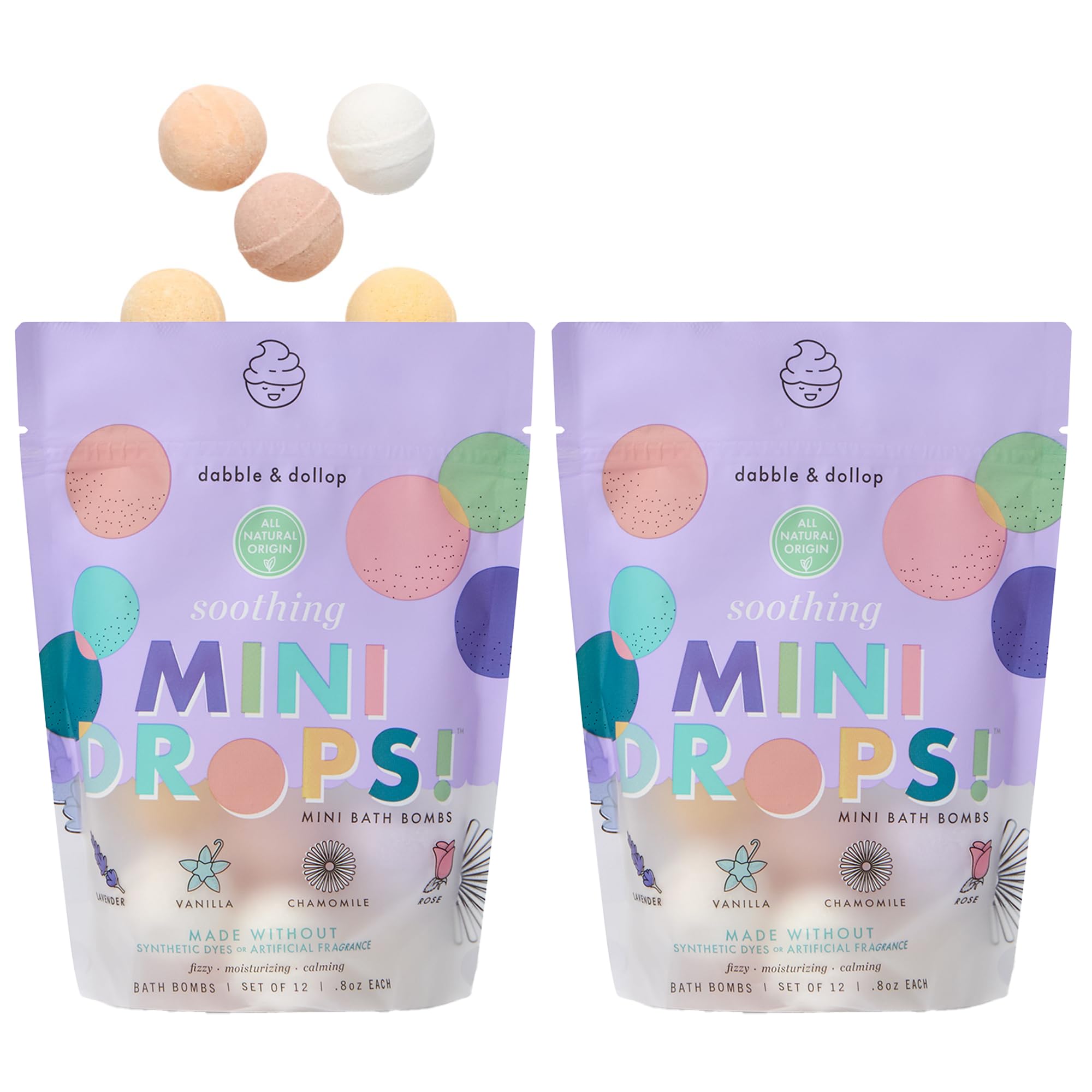 Dabble & Dollop Mini Bath Bombs, 100% Natural Droplets for Kids, Soothing Scents - Resealable Pouches, Fizzy, Moisturizing & Fun, Vegan, Gluten-Free, Cruelty-Free (Set of 24)