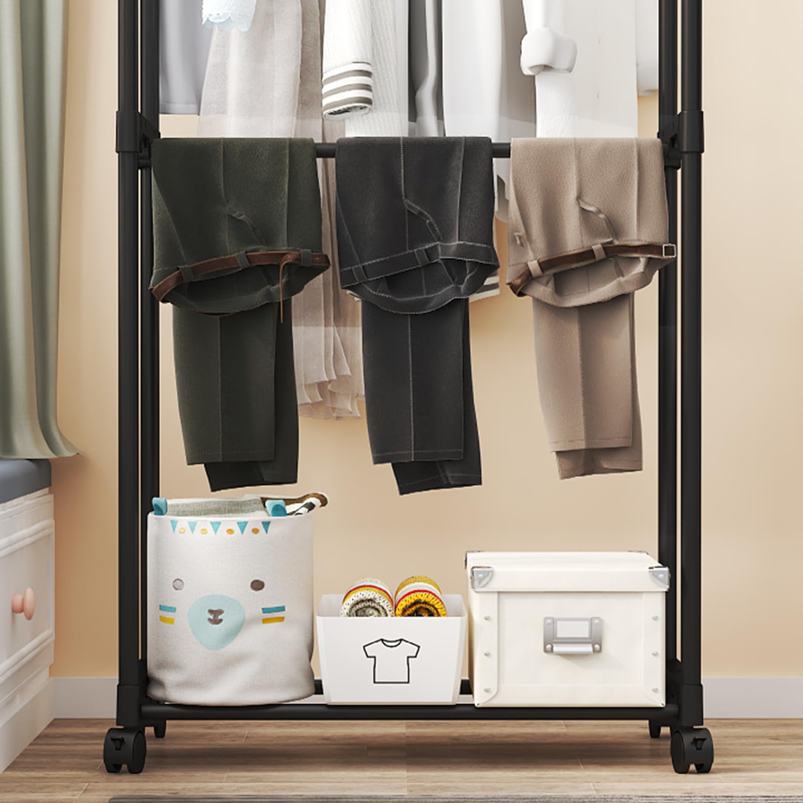 Burro De Ropa - Colgador De Vestimenta, Guardarropa | Soporte De Ropa Con Doble Barra Reforzada, Organizador De Vestuario Con Ruedas Giratorias Para Baño, Balcón, Habitación Juvenil, Garaje
