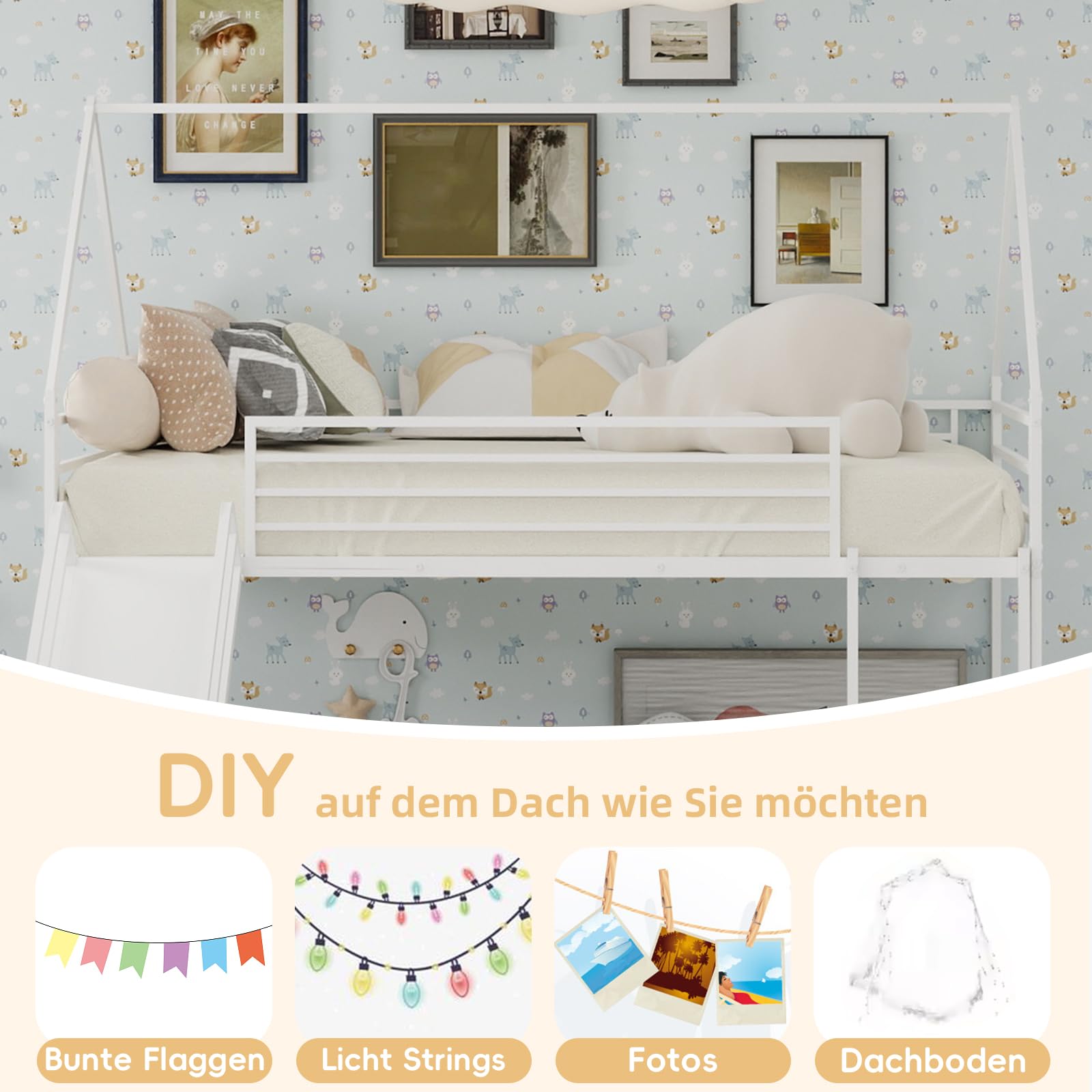 Lit Superposé Enfant 90 * 190 cm avec Toboggan et Escalier, Lit Cabane en Métal Robuste avec Barrière de Sécurité et Sommier, Design Moderne Gain de Place pour Chambre d'enfant Blanc