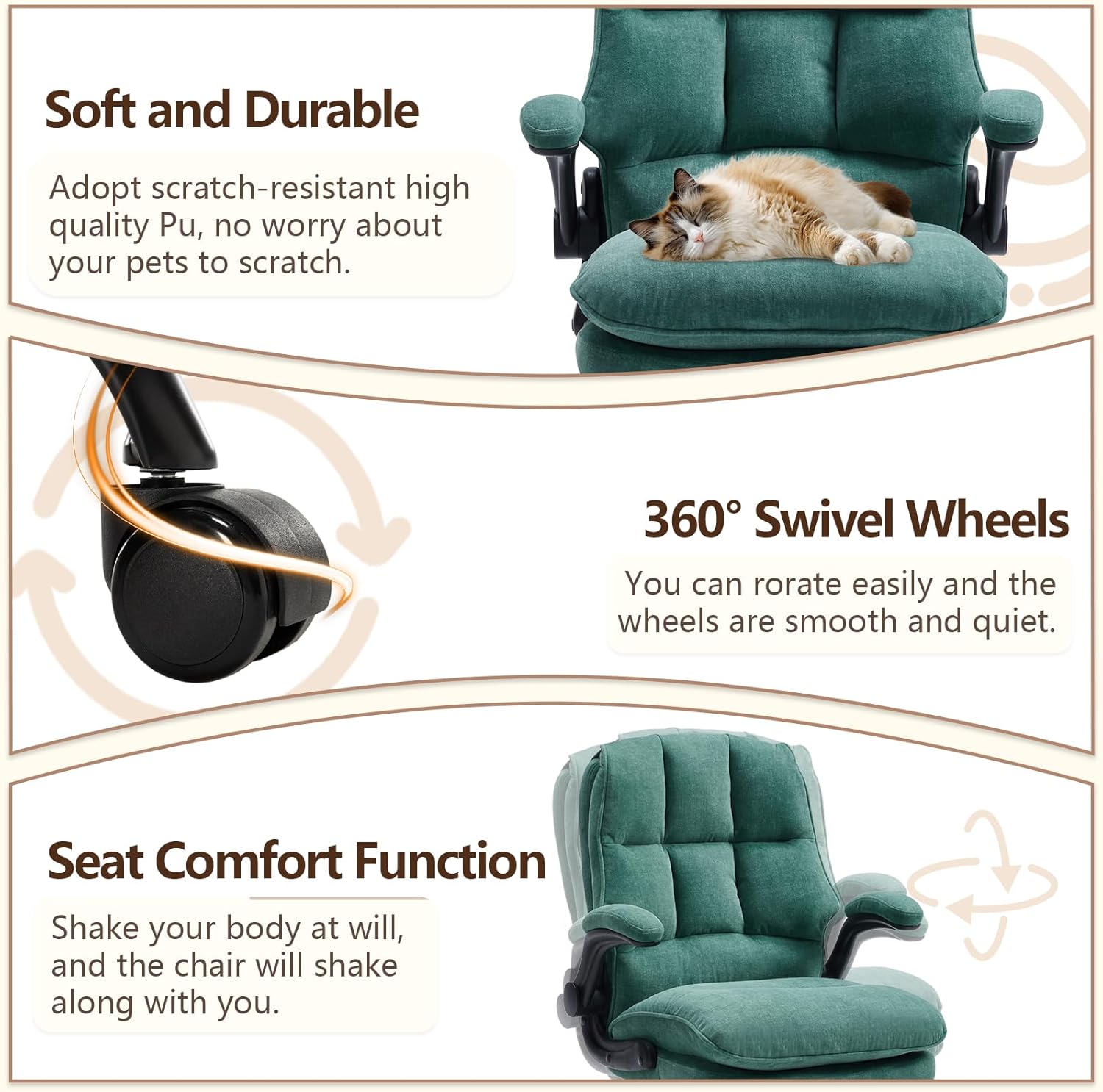 Comfy Office Chair Soft and Double Cushioned Ergonomic Computer Desk Chairs for Long Hours Executive Office Chair with Flip-up Armrests and Height Adjustment for Home Office Green