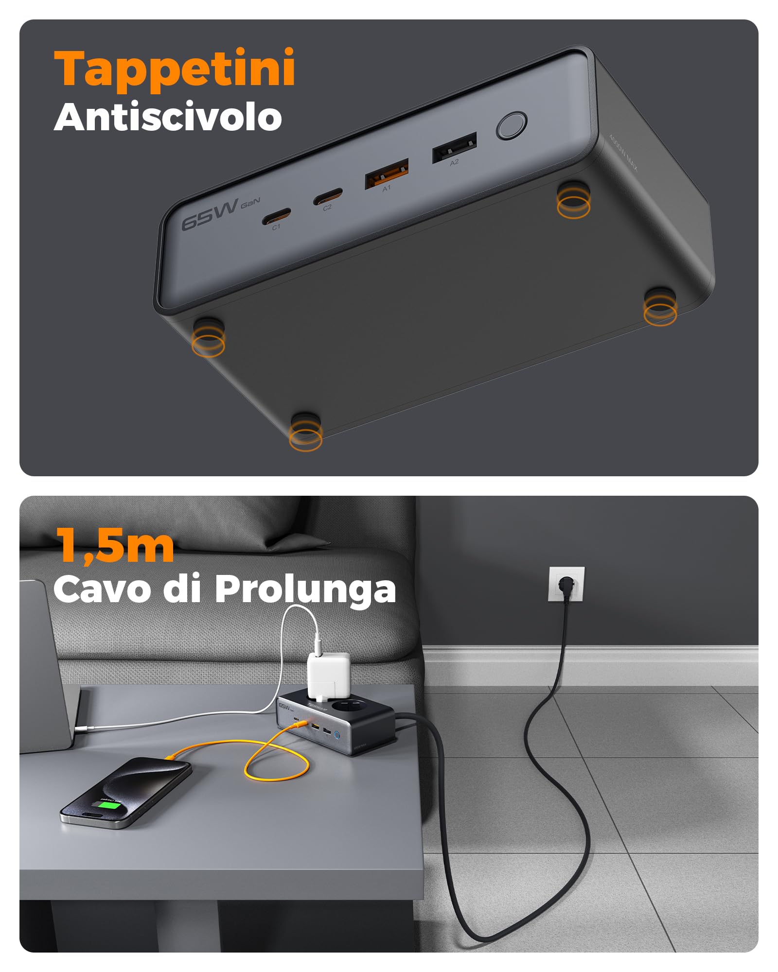 TESSAN Caricatore USB C, 6-in-1 Alimentatore con 2 prese CA, GaN PD 65W Caricabatteria Carica Rapida con interruttore, Presa USB con cavo di prolunga da 1,5 m per telefoni cellulari, tablet e laptop