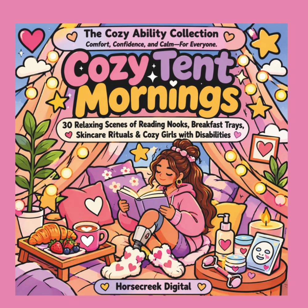 Cozy Tent Mornings: A Bold & Easy Self-Care Coloring Book: Relaxing Scenes of Reading Nooks, Breakfast Trays, Skincare Rituals & Cozy Girls with Disabilities (The Cozy Ability Collection)