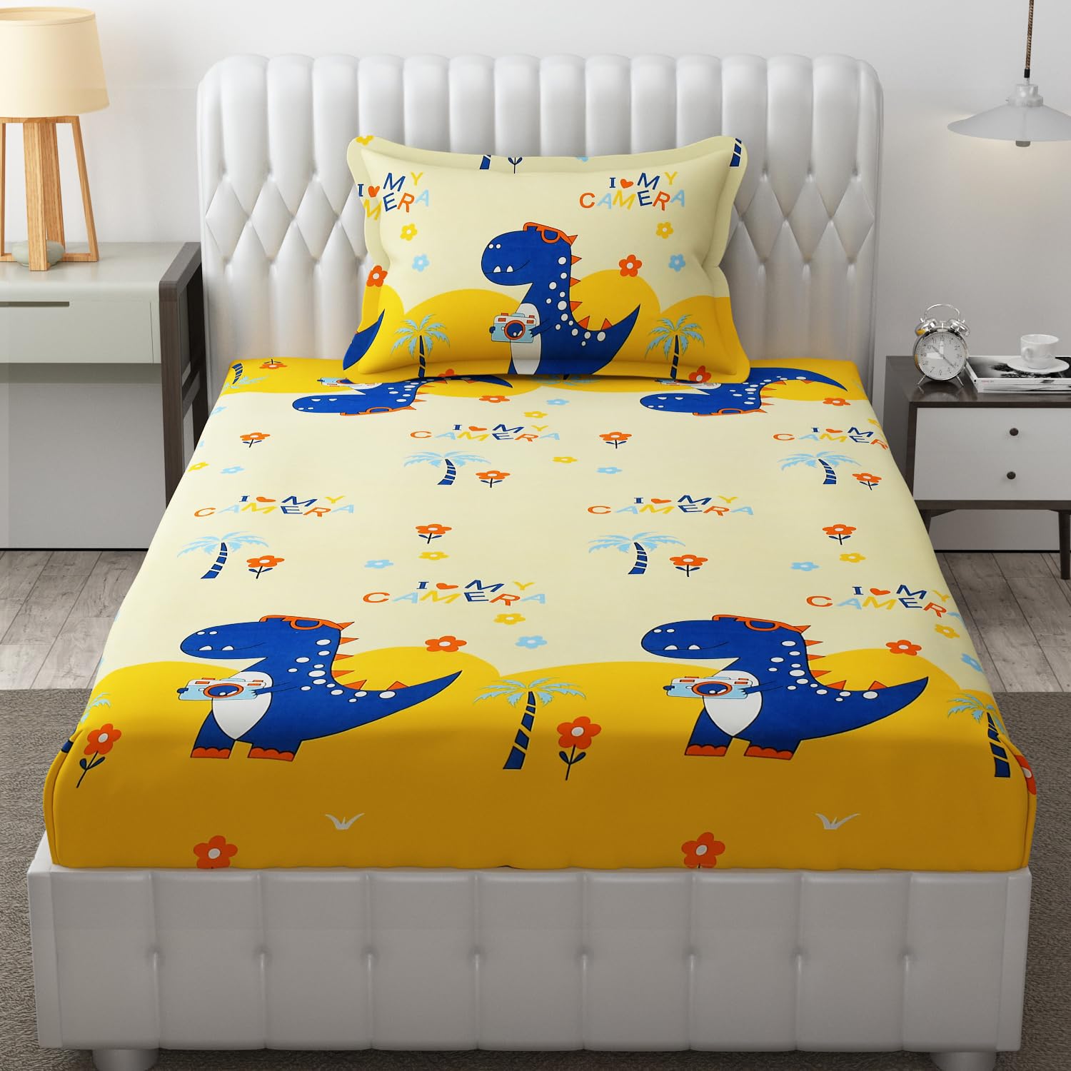 FRESH FROM LOOM Glace Cotton Wrinkle Free Soft Hypoallergenic Bed Sheet | Cartoon Printed | Single Size Bedsheet for Kids Room with 1 Pillow Covers, Boys Girls (60x90 Inches/Dino), Multicolor, 144 TC