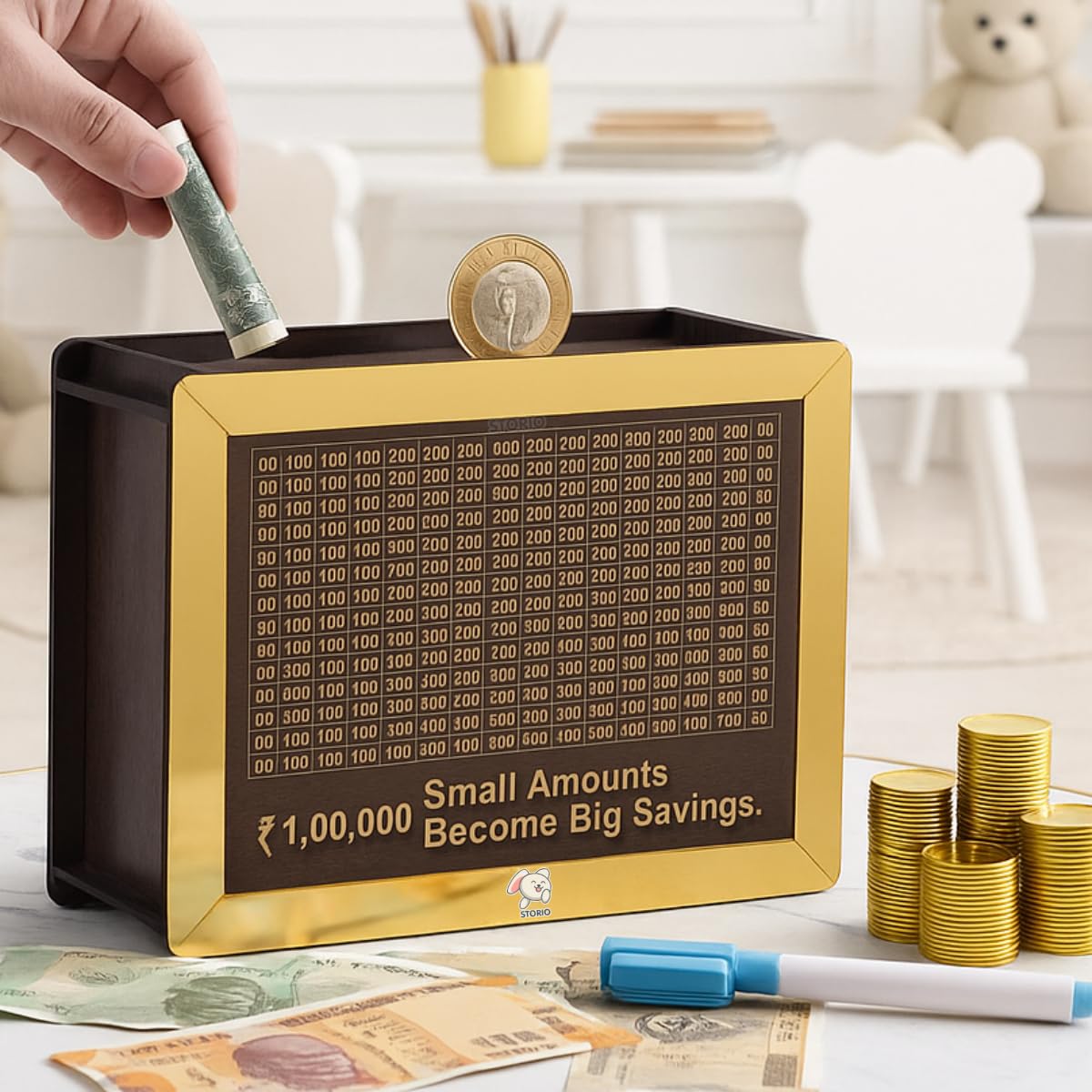 Storio Wooden Piggy Bank with Counter | Money Bank for Kids & Adults | Carved Savings Box, Wooden Coin Box, Mini Money Saver Bank with Number Counter | Cash Saving for Home & Office Use
